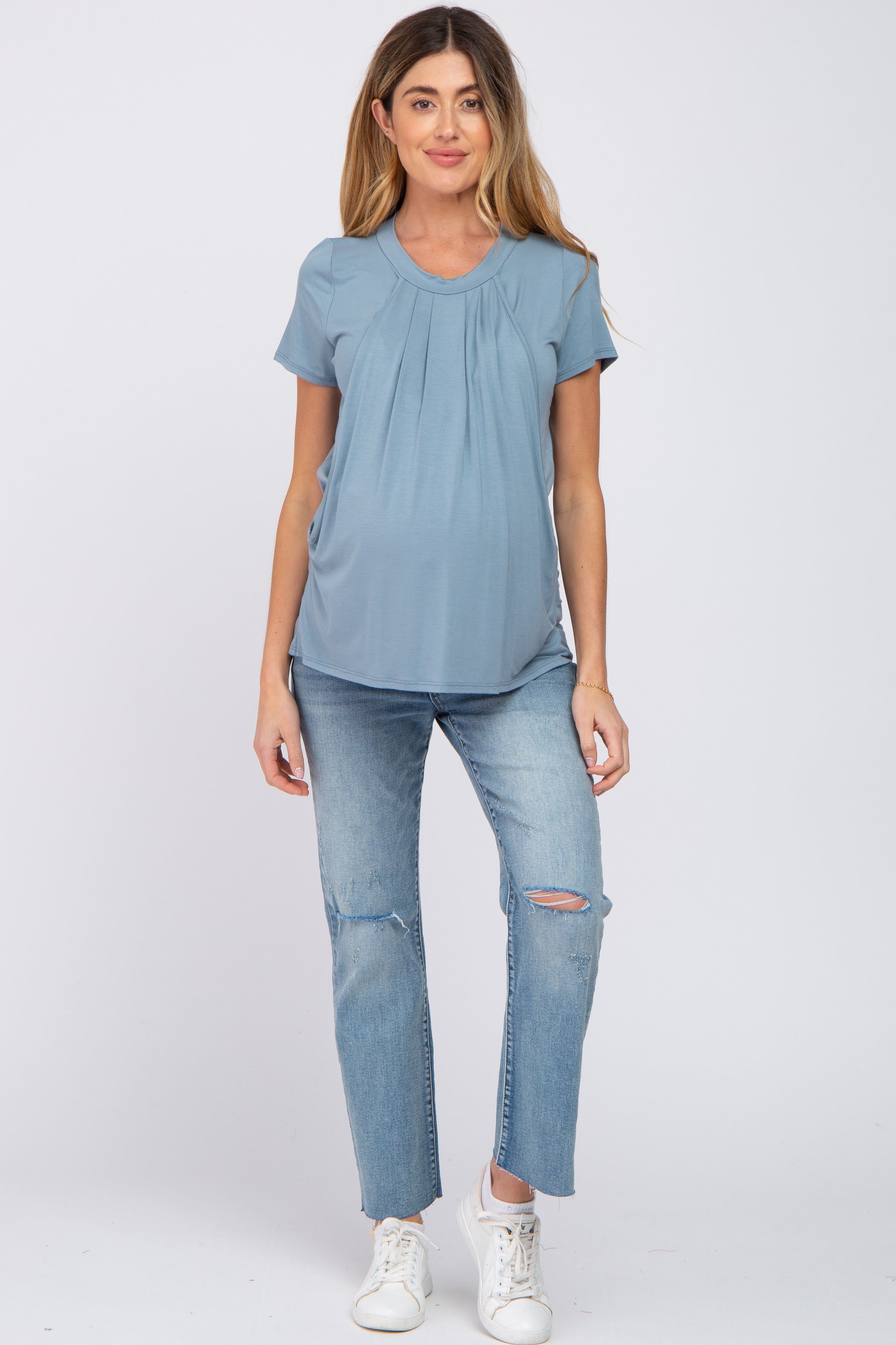 PinkBlush Light Blue Pleated Draped Front Maternity/Nursing Top sold by Pinkblush product image thumbnail 5