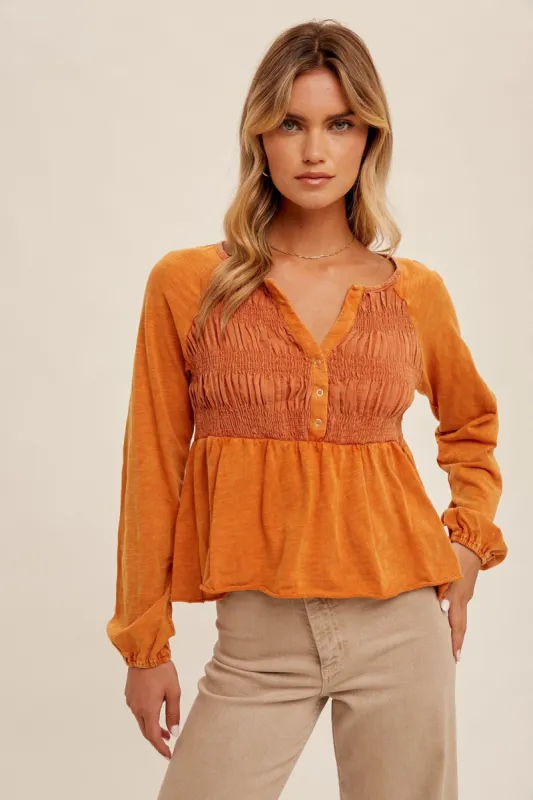 Washed Ginger Textured Smocked Detail Babydoll Top sold by Pinkblush