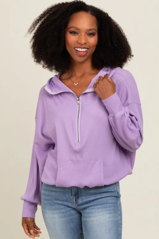 Lavender Waffle Knit Half Zip Relaxed Fit Hoodie sold by Pinkblush
