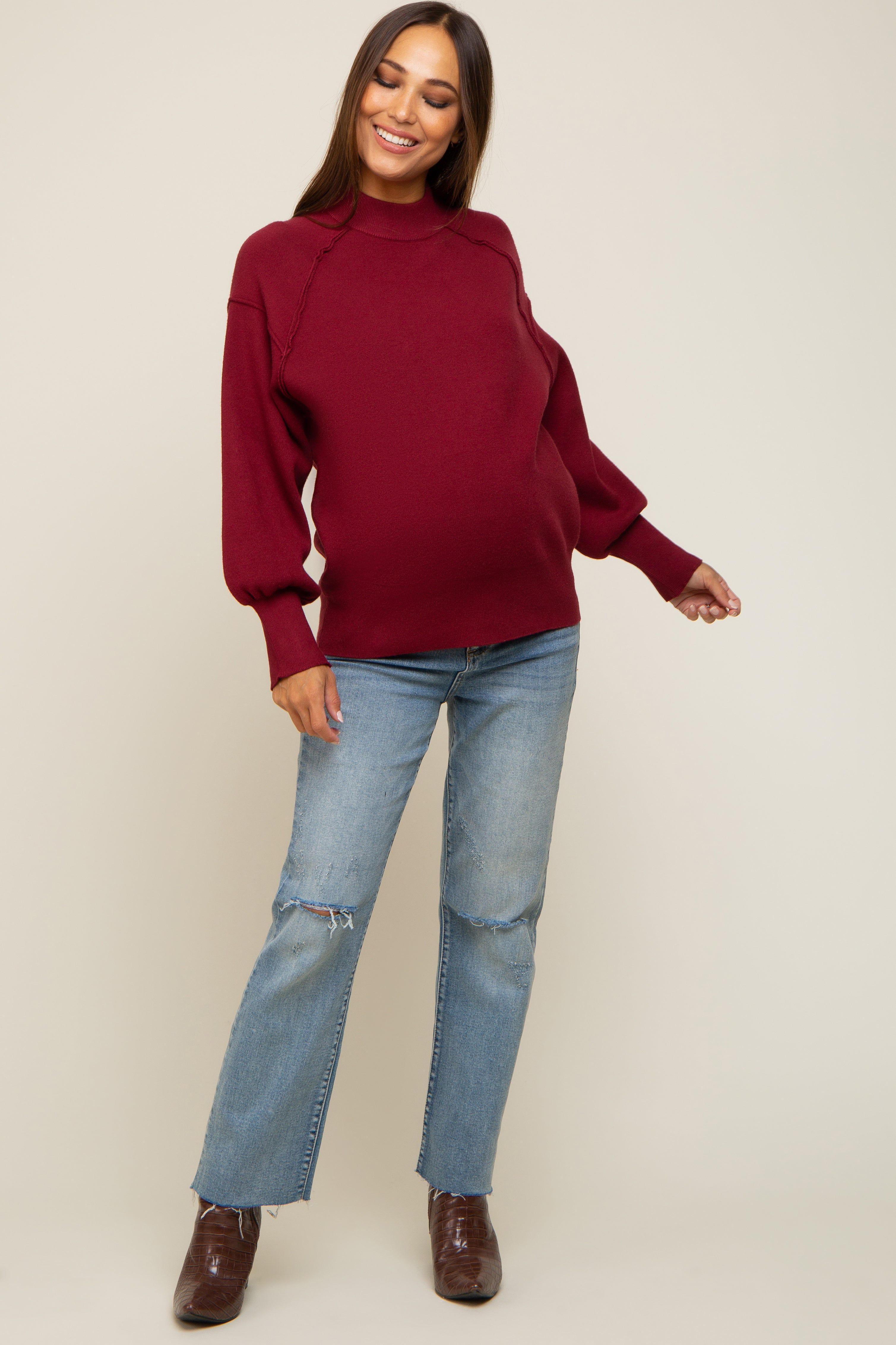 Burgundy Knit Long Sleeve Mock Neck Maternity Top sold by Pinkblush product image thumbnail 4