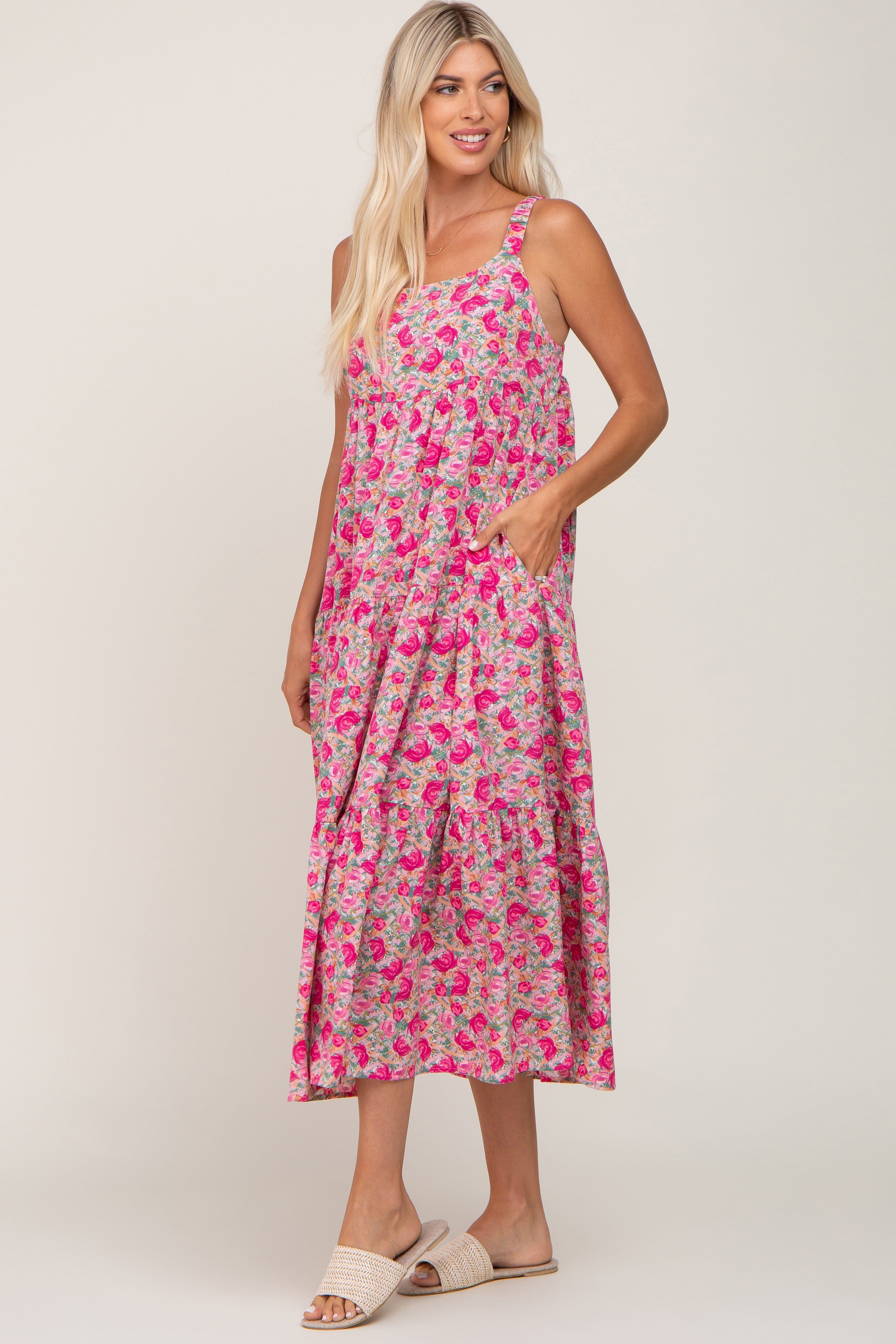 Fuchsia Floral Sleeveless Tiered Maxi Dress sold by Pinkblush product image thumbnail 2