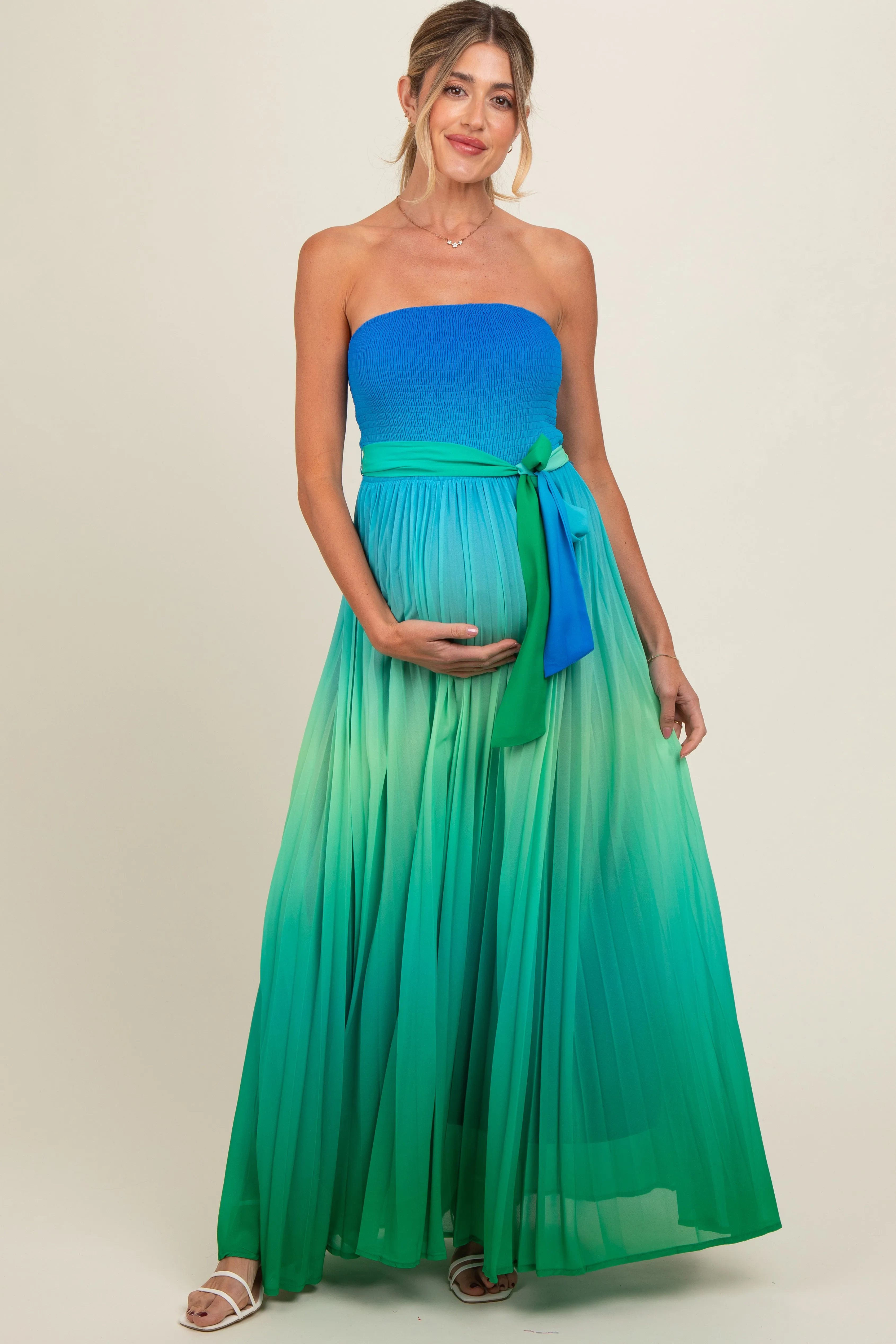Blue Green Ombre Strapless Pleated Maternity Maxi Dress sold by Pinkblush