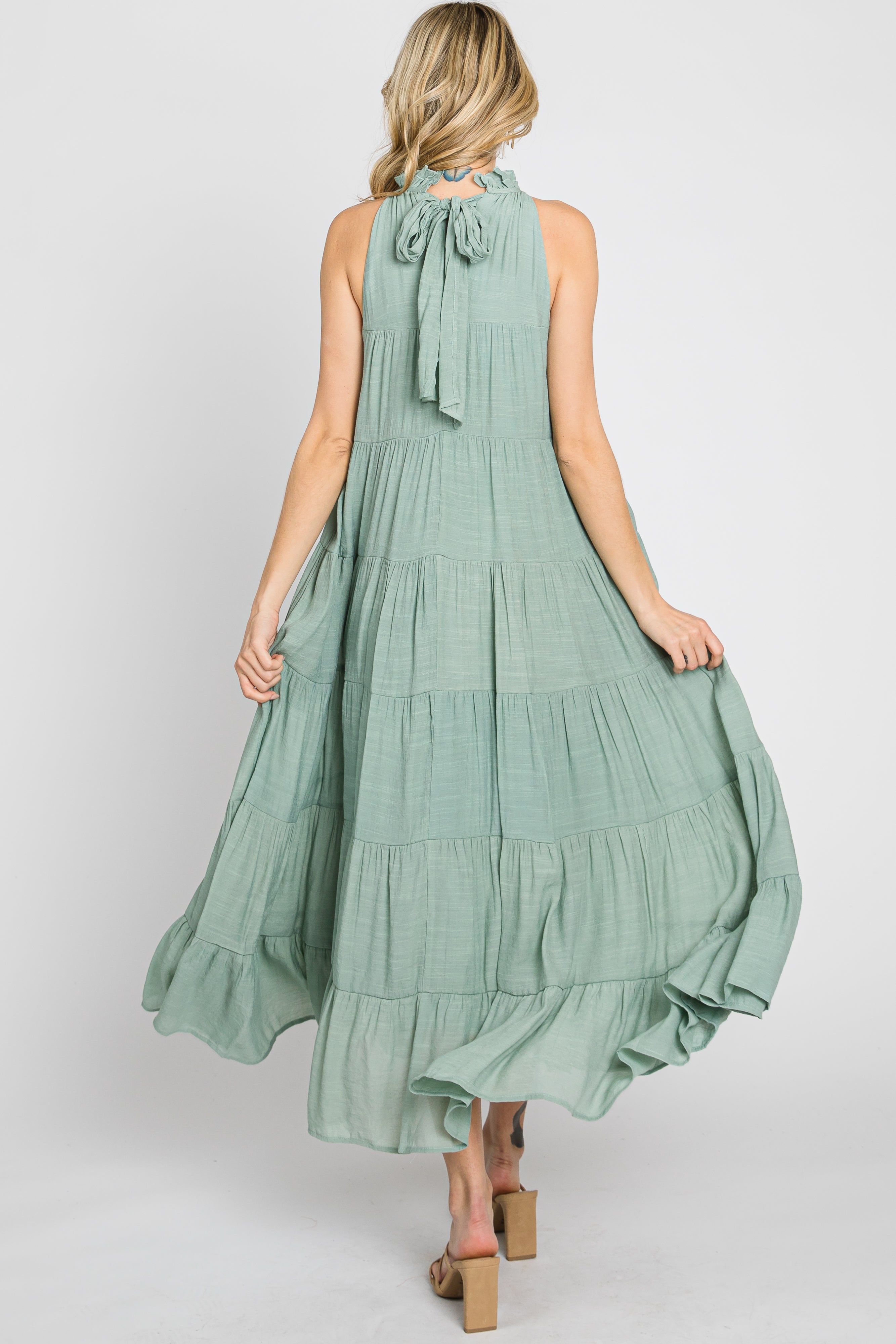 Sage Tiered High Neck Maxi Dress sold by Pinkblush product image thumbnail 4