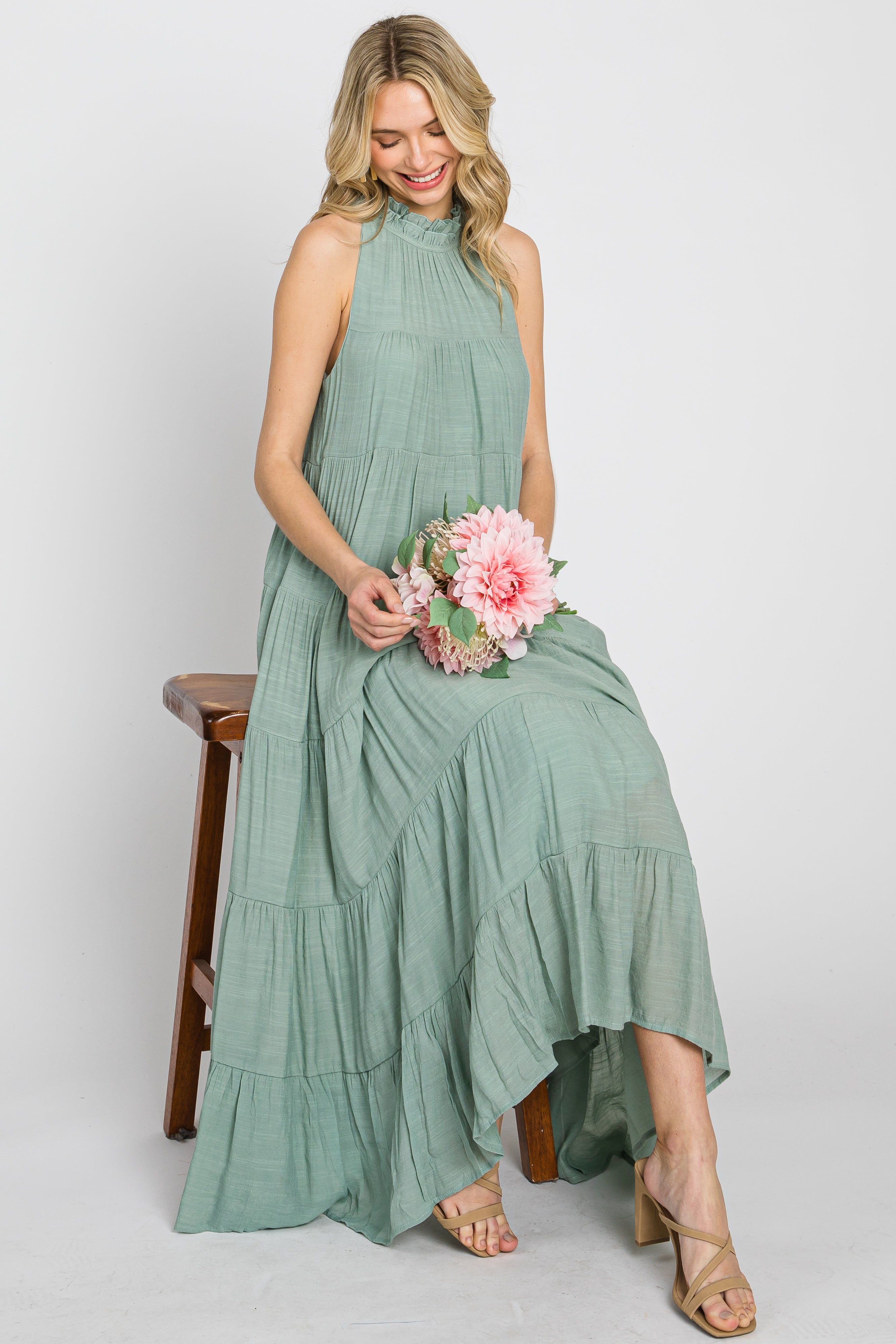 Sage Tiered High Neck Maxi Dress sold by Pinkblush