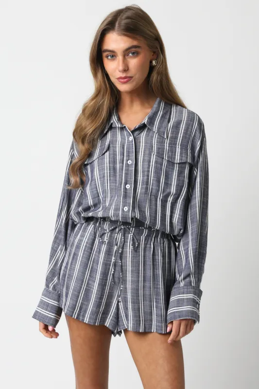 Navy White Linen Romper sold by Pinkblush