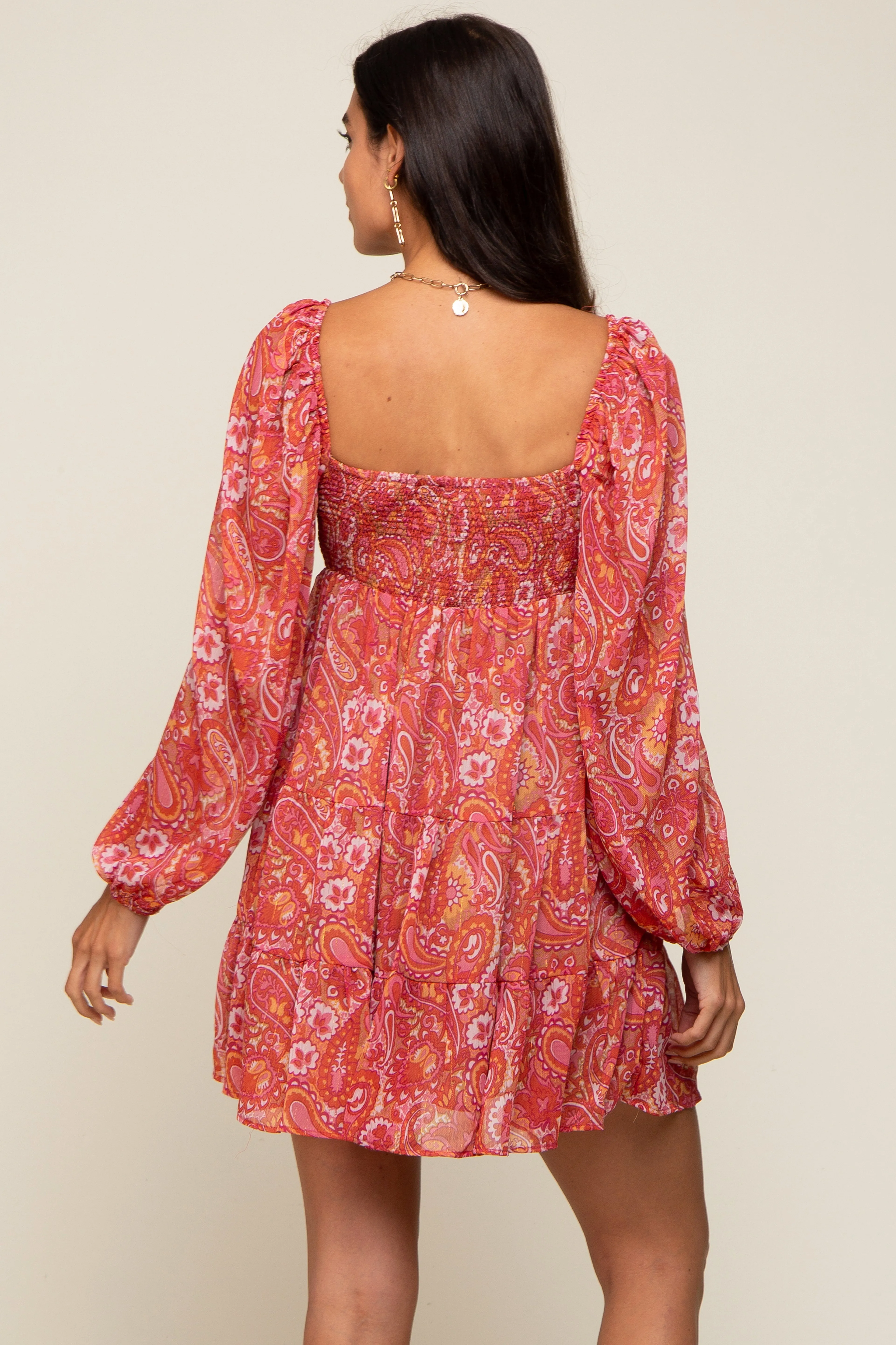 Red Paisley Tiered Long Sleeve Mini Dress sold by Pinkblush product image thumbnail 3