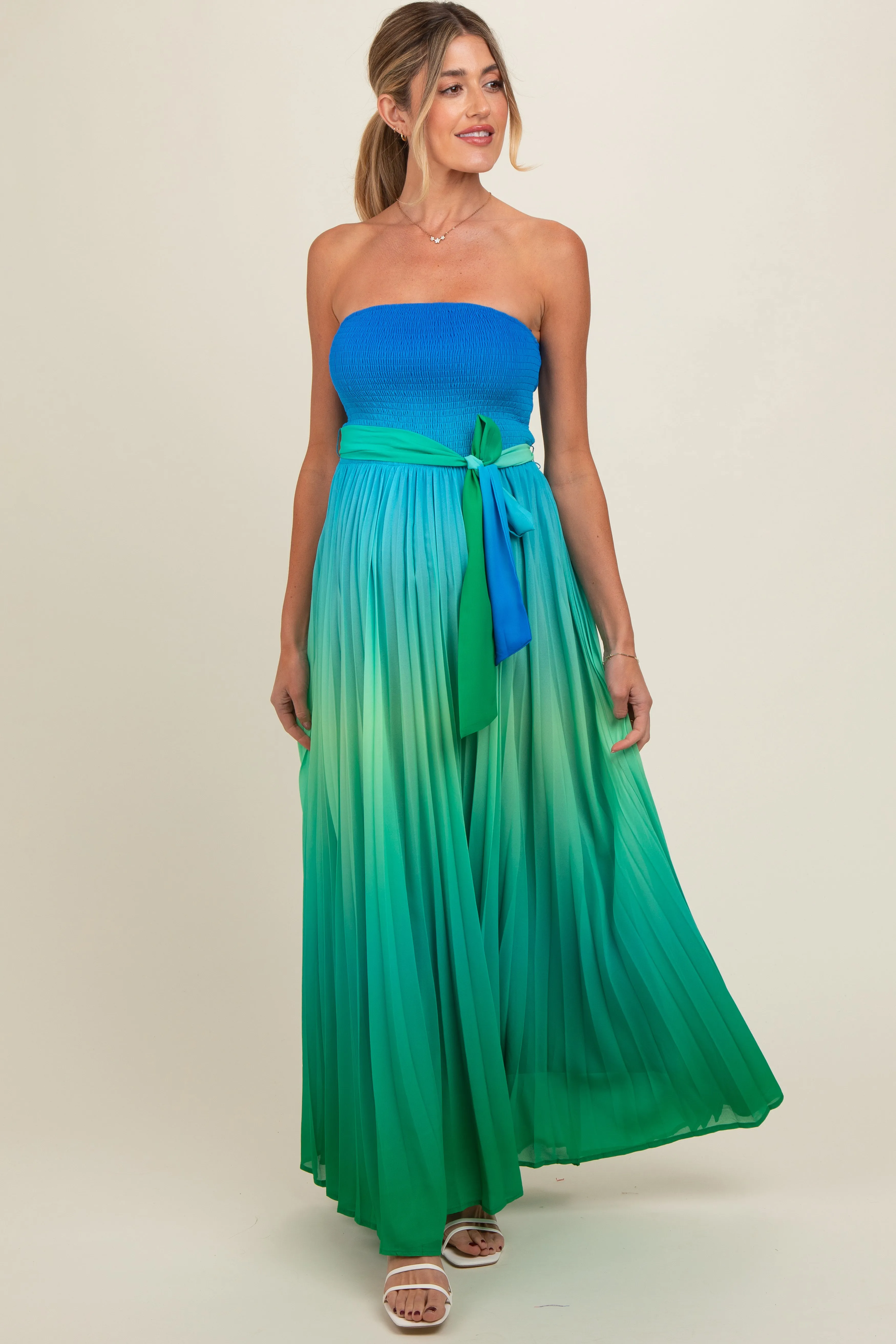 Blue Green Ombre Strapless Pleated Maternity Maxi Dress sold by Pinkblush product image thumbnail 2