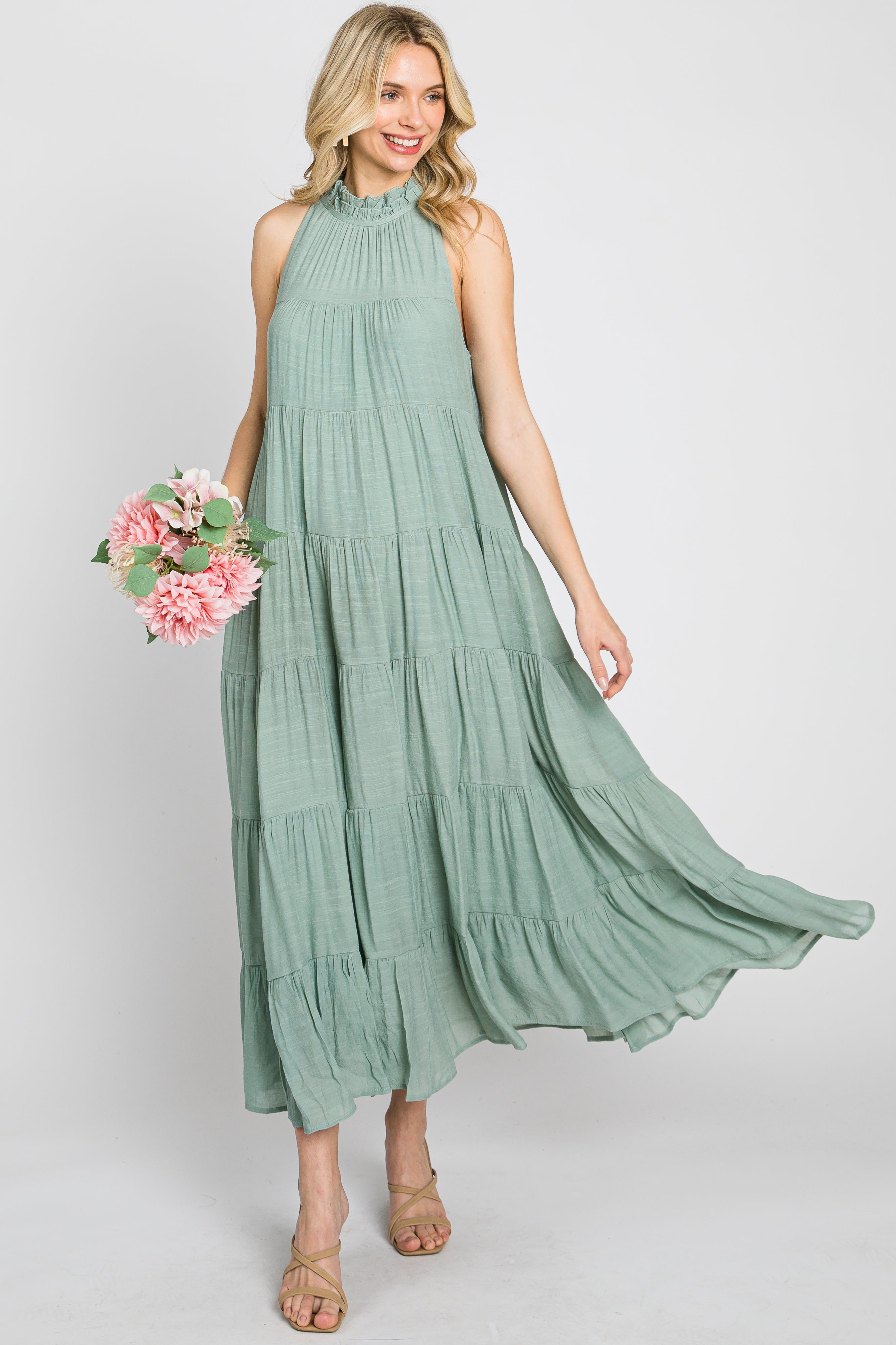 Sage Tiered High Neck Maxi Dress sold by Pinkblush product image thumbnail 5