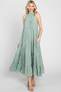 Sage Tiered High Neck Maxi Dress sold by Pinkblush