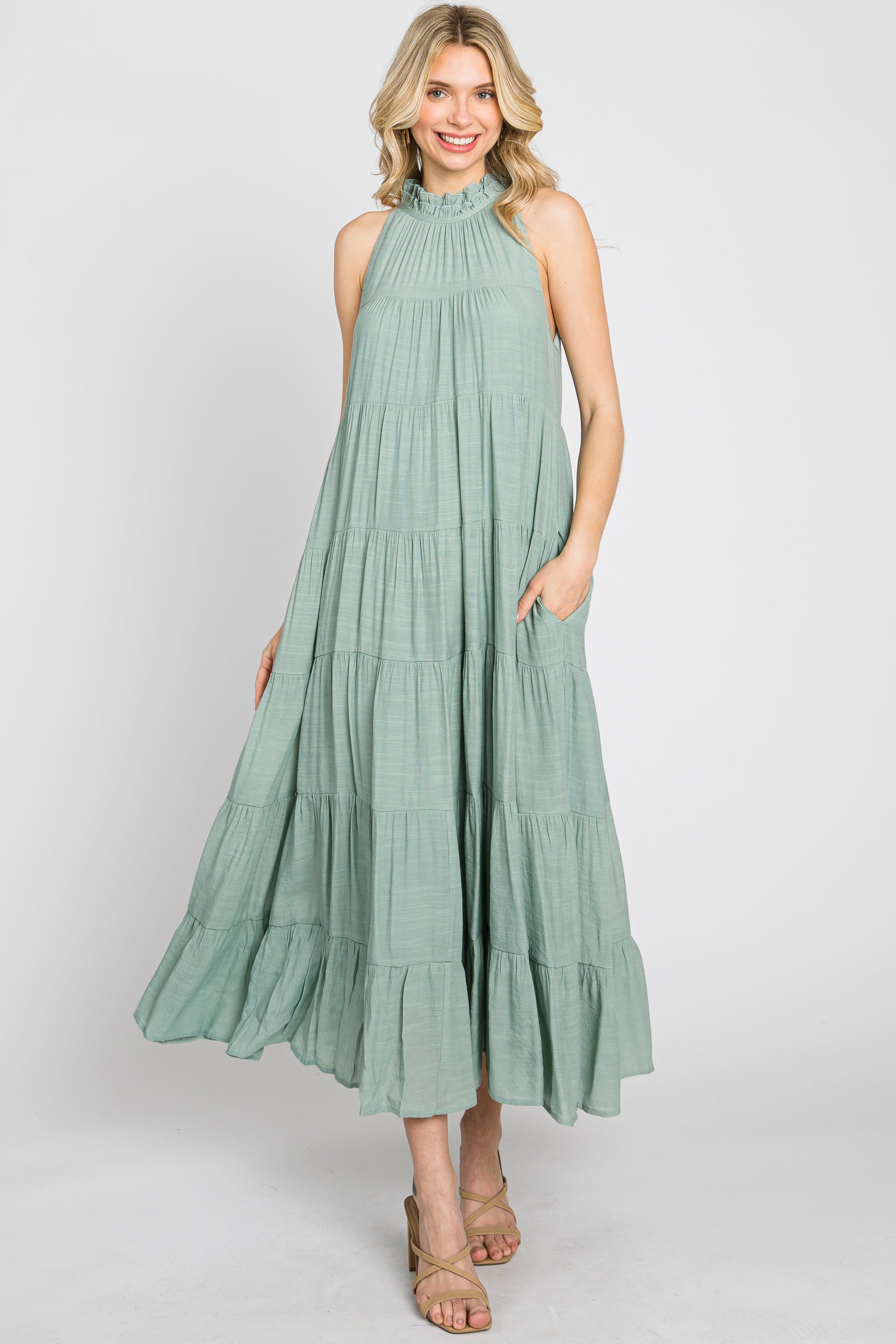Sage Tiered High Neck Maxi Dress sold by Pinkblush product image thumbnail 2