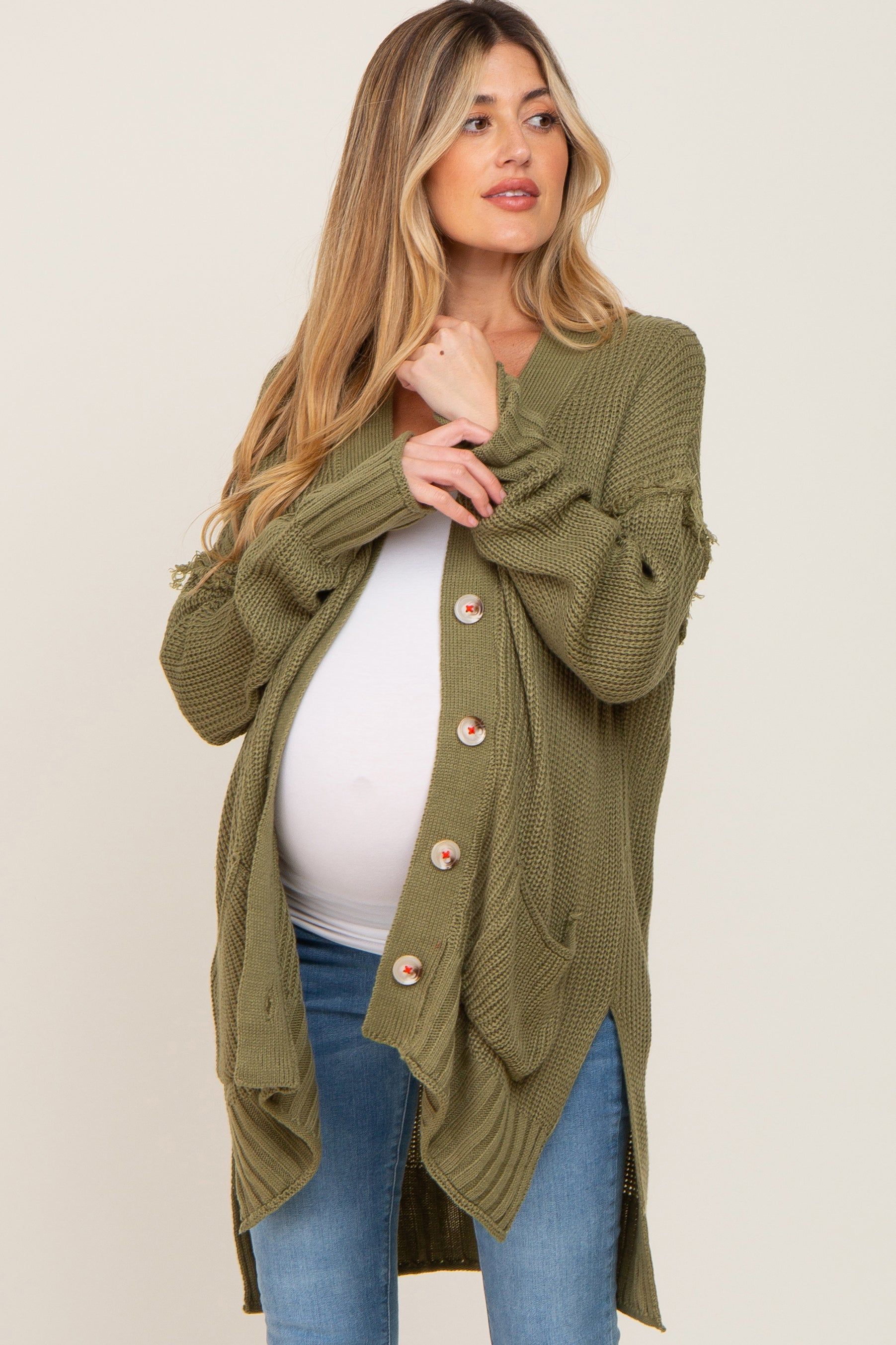 Olive Knit Oversized Side Slit Maternity Sweater sold by Pinkblush