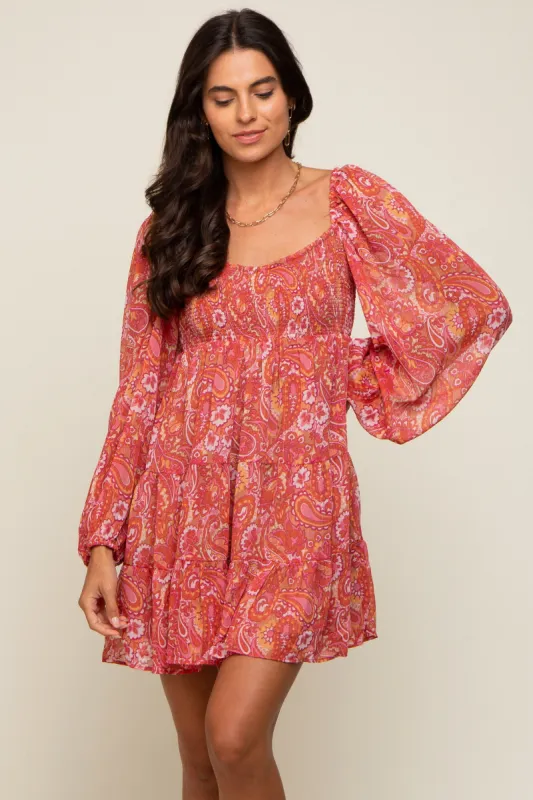 Red Paisley Tiered Long Sleeve Mini Dress made by Pinkblush