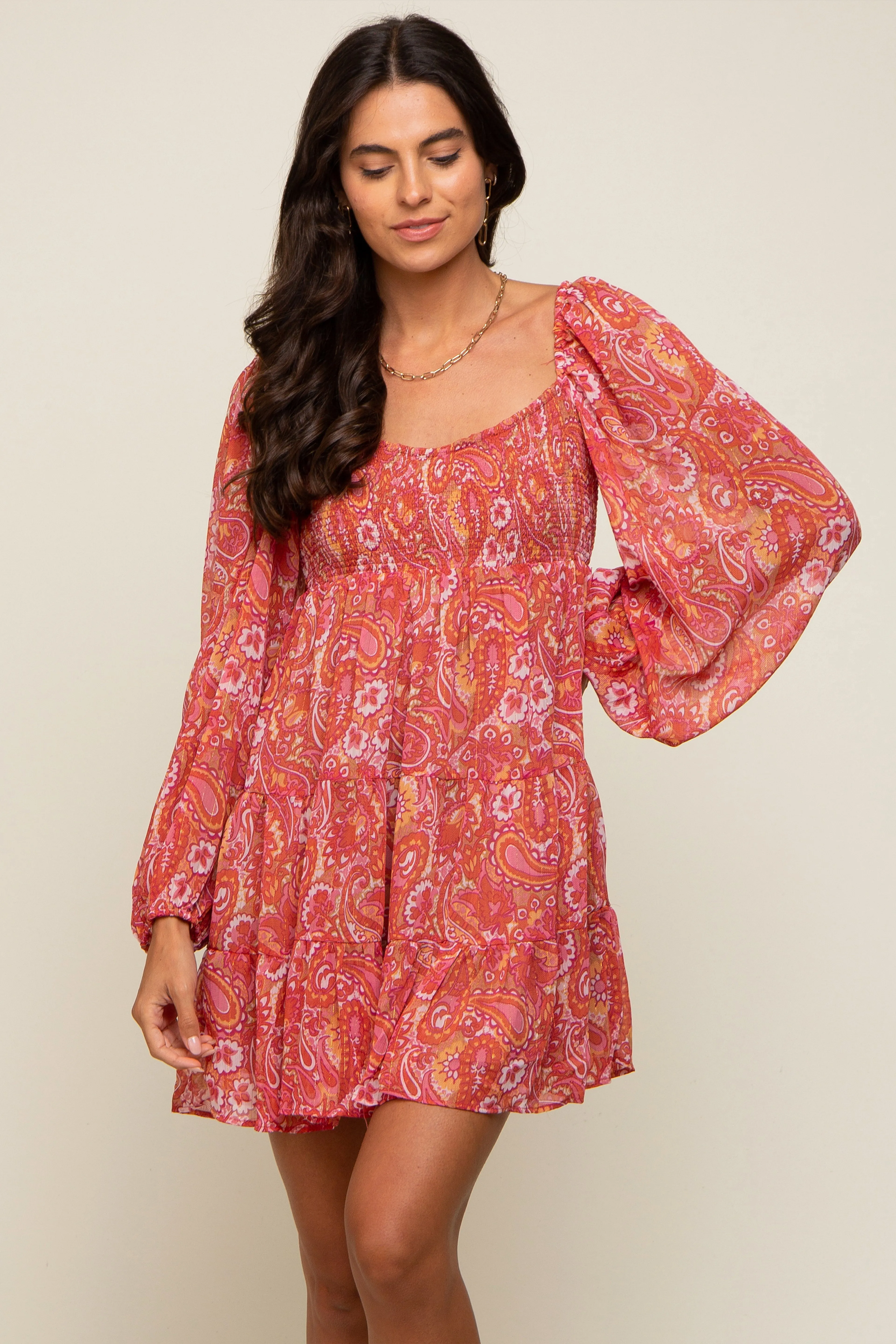 Red Paisley Tiered Long Sleeve Mini Dress sold by Pinkblush