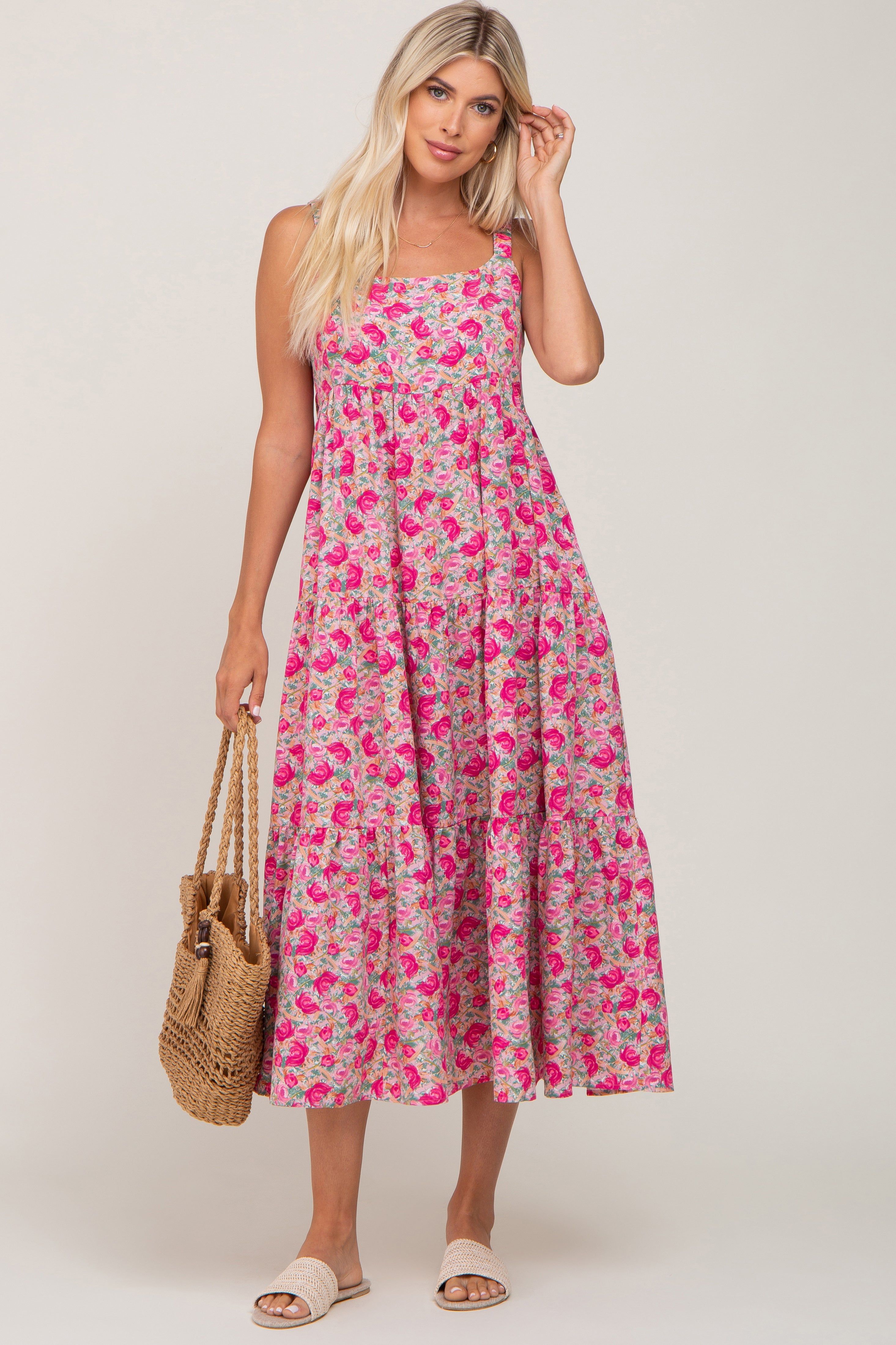 Fuchsia Floral Sleeveless Tiered Maxi Dress sold by Pinkblush