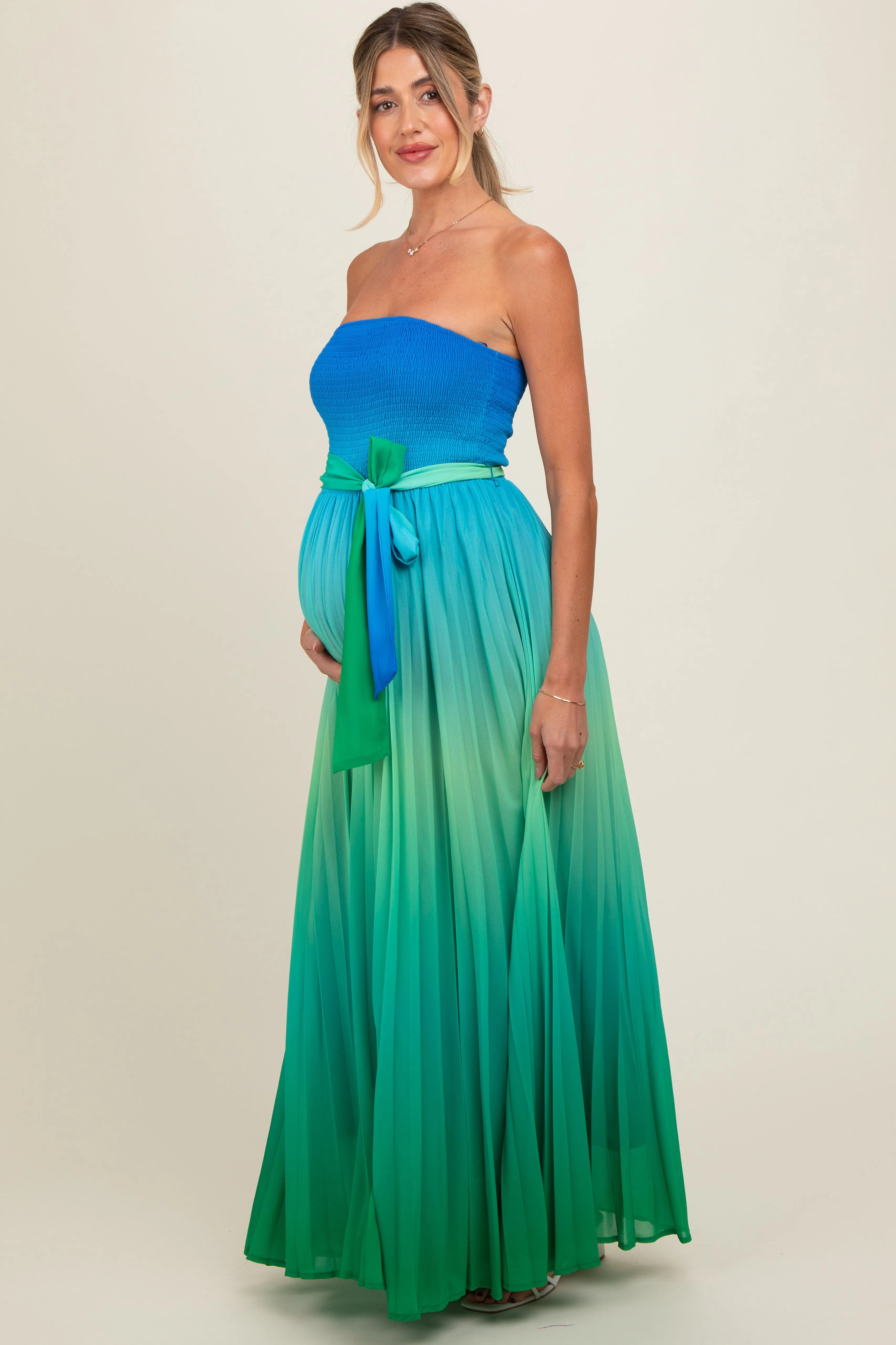 Blue Green Ombre Strapless Pleated Maternity Maxi Dress sold by Pinkblush product image thumbnail 3