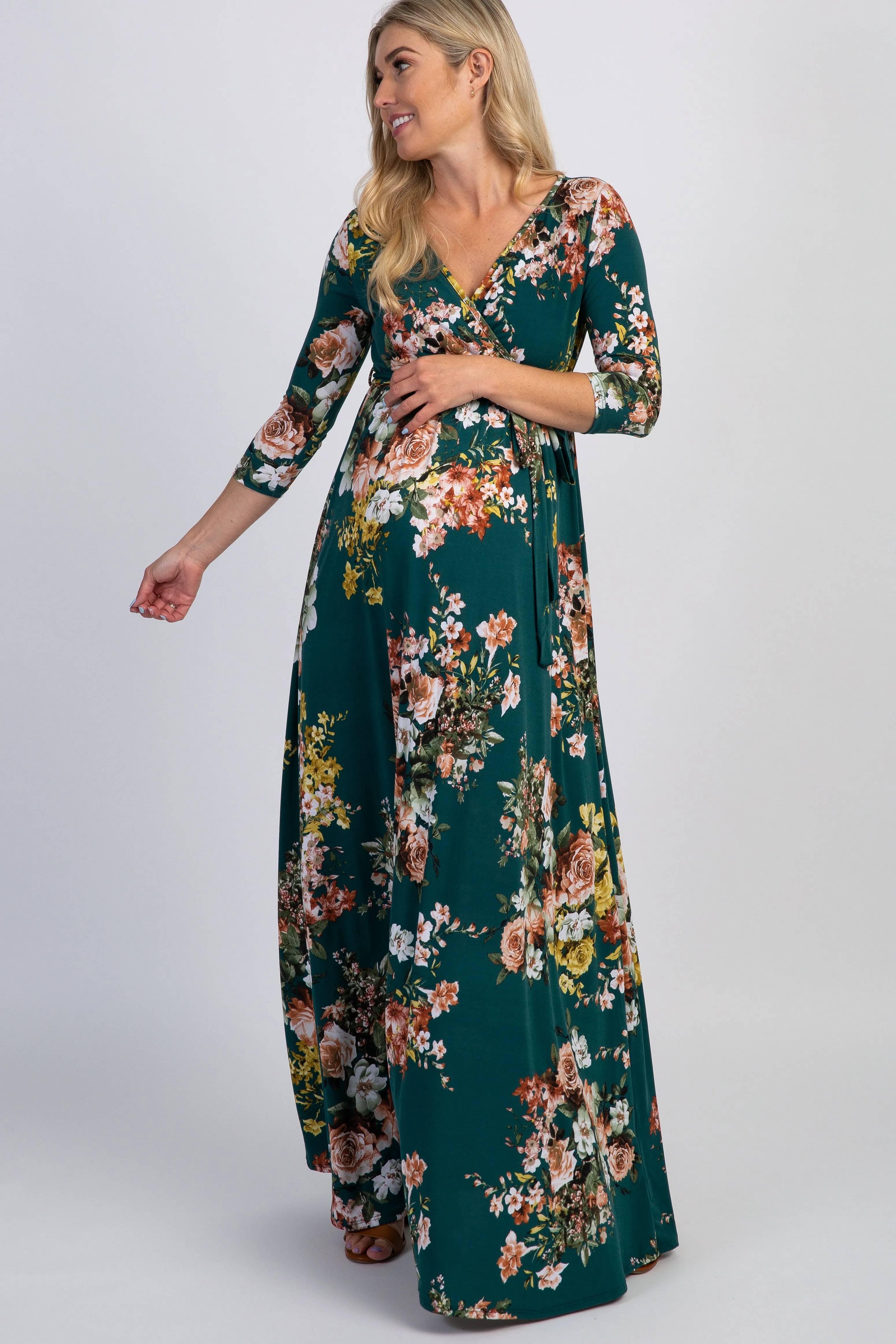PinkBlush Green Rose Print Sash Tie Maternity Maxi Dress sold by Pinkblush