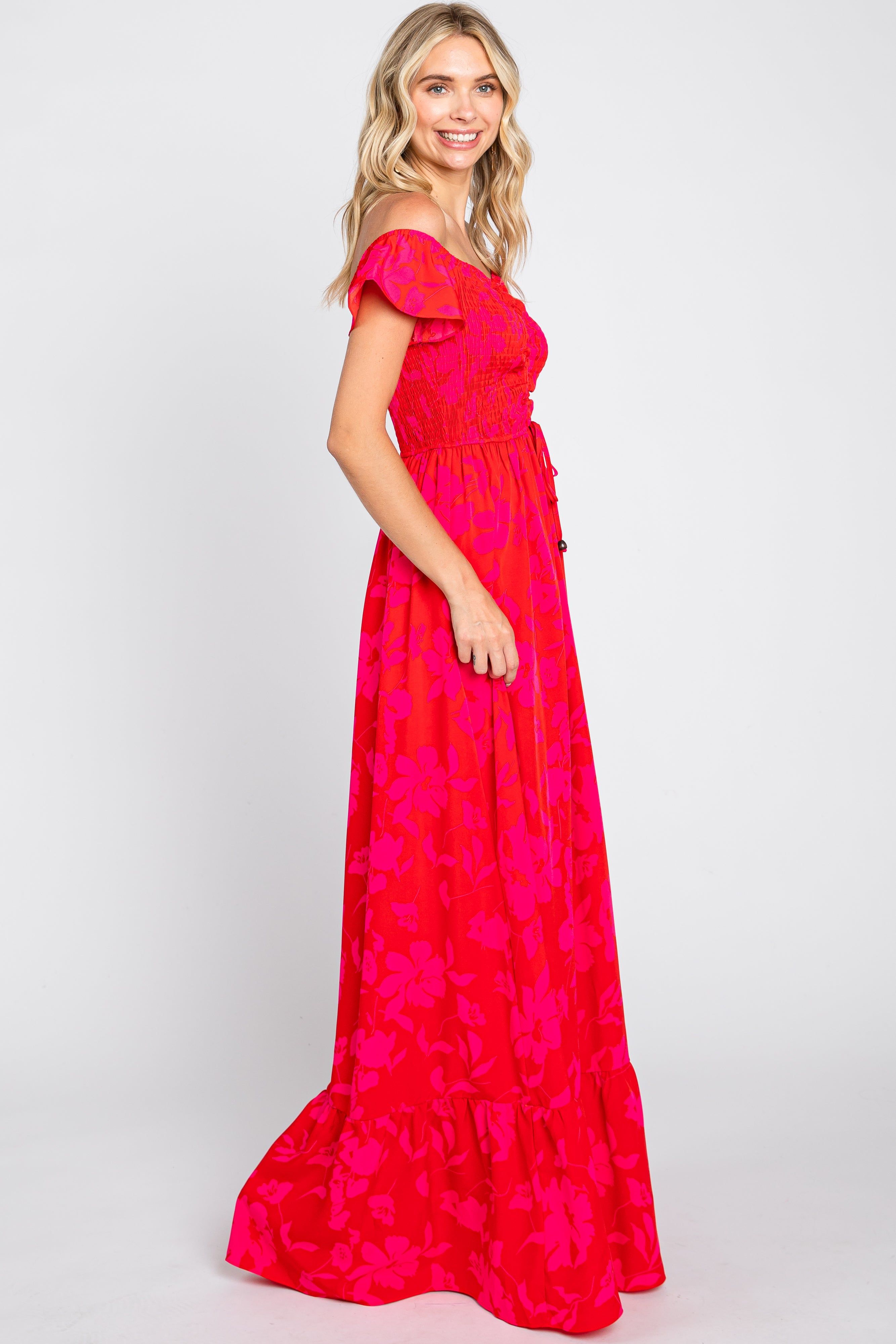 Red Floral Smocked Cinched Top Maxi Dress sold by Pinkblush product image thumbnail 2