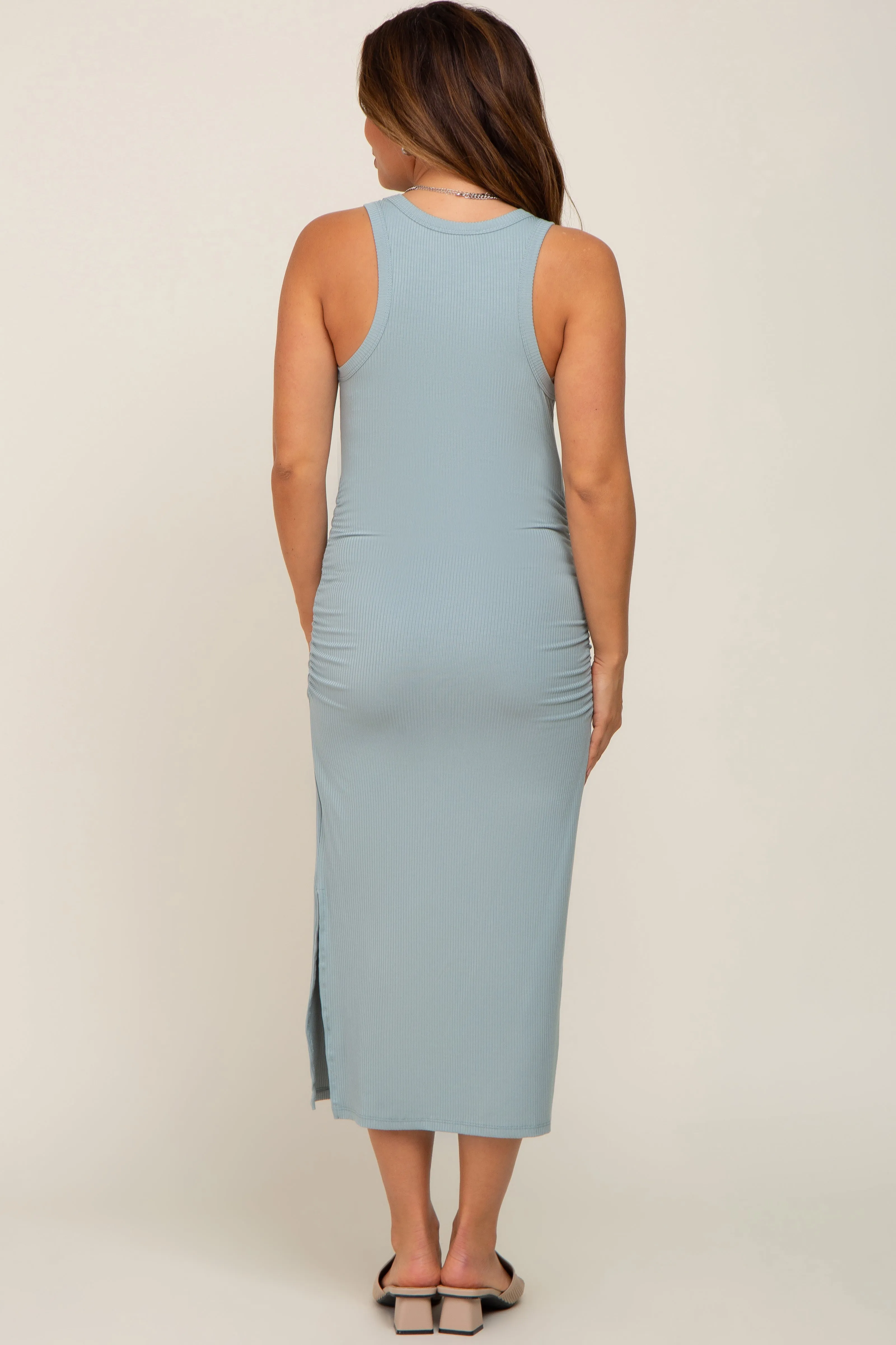 Mint Ribbed Sleeveless Ruched Side Slit Maternity Midi Dress sold by Pinkblush product image thumbnail 3