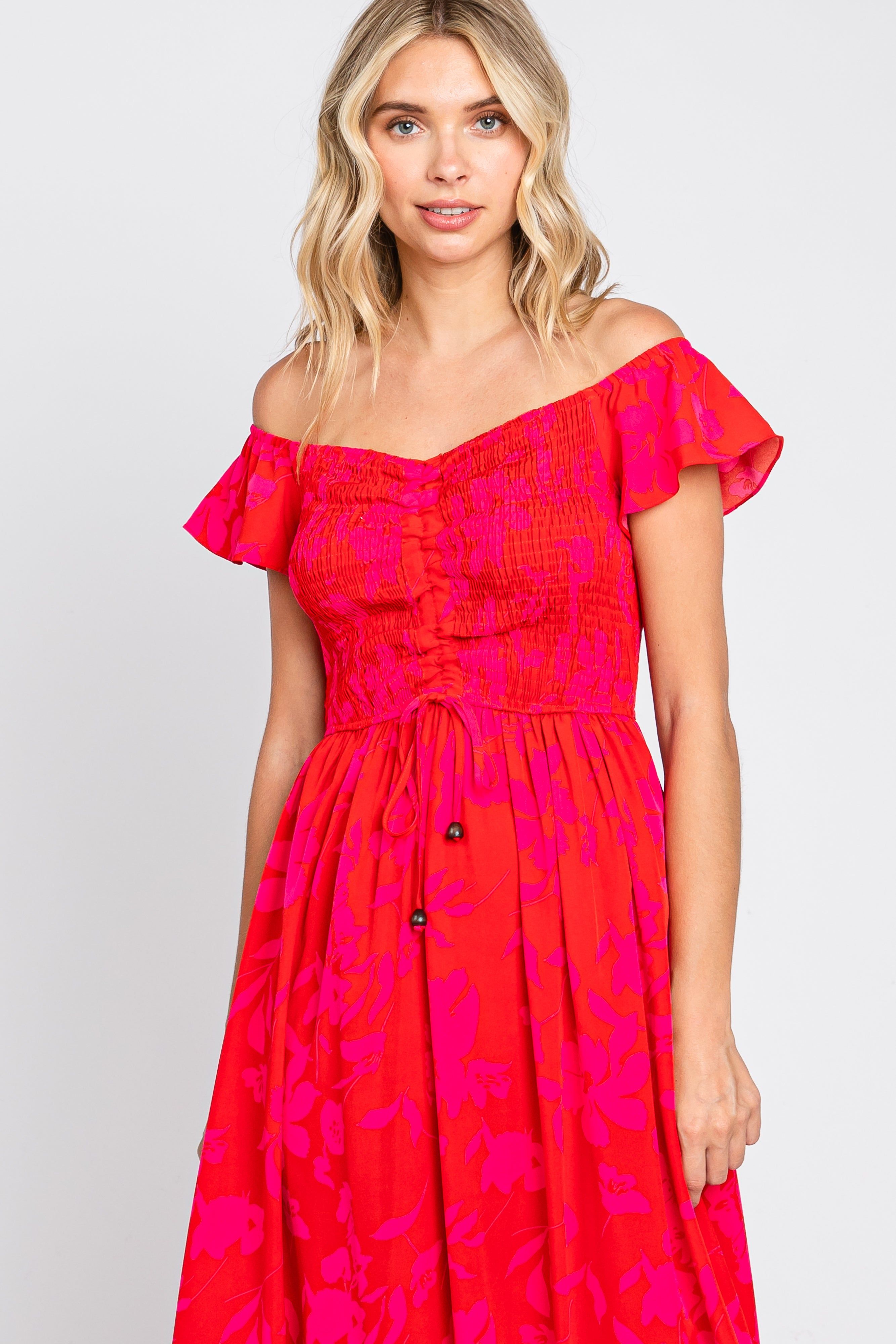 Red Floral Smocked Cinched Top Maxi Dress sold by Pinkblush product image thumbnail 4