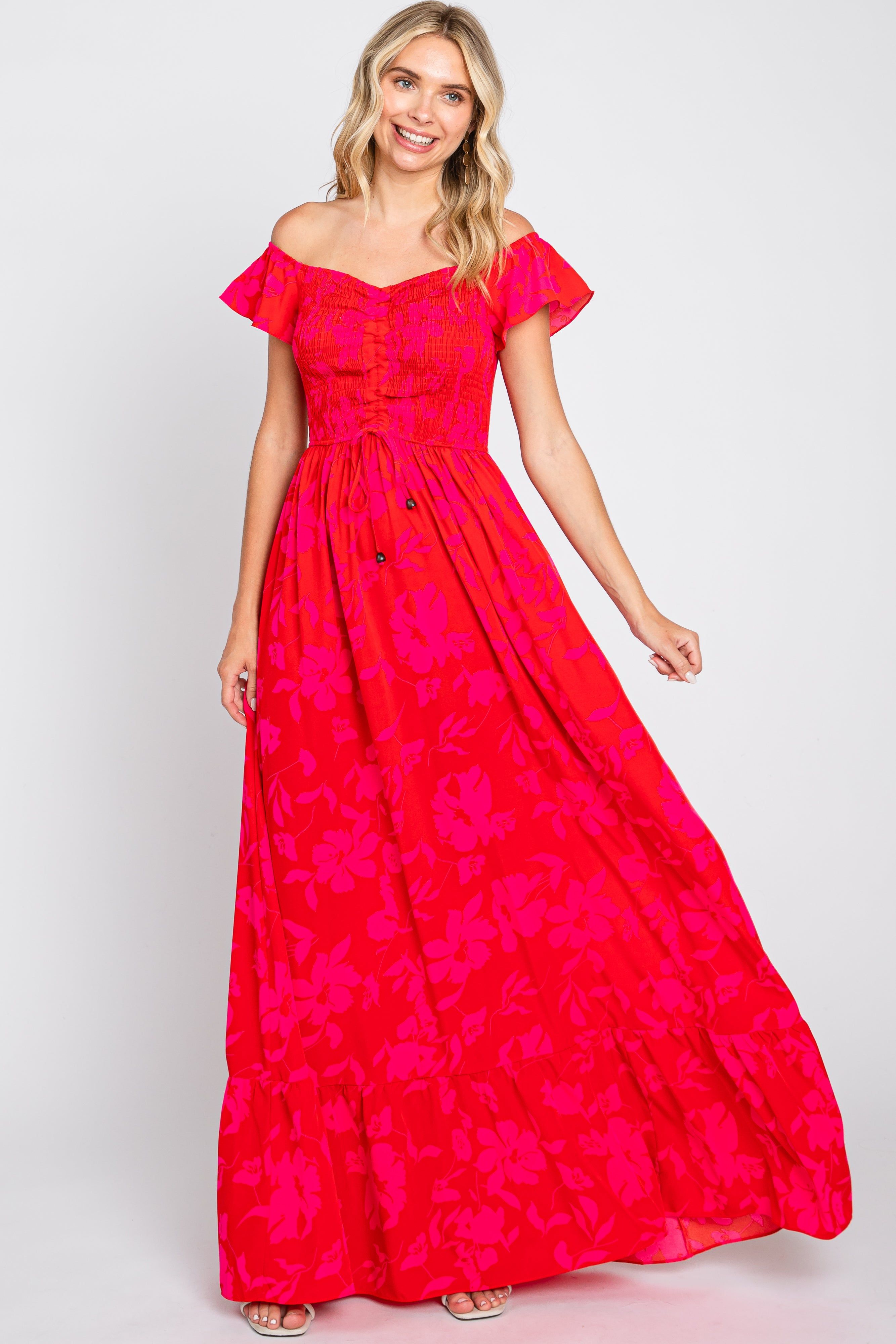 Red Floral Smocked Cinched Top Maxi Dress sold by Pinkblush