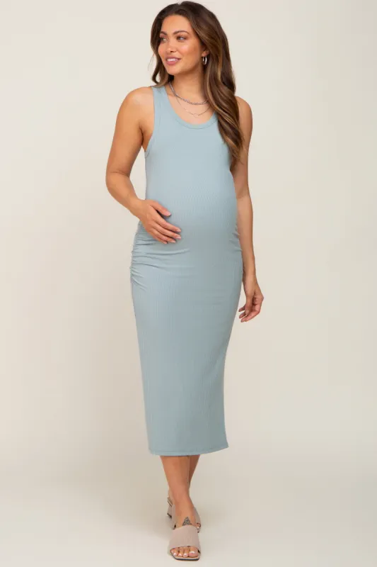 Mint Ribbed Sleeveless Ruched Side Slit Maternity Midi Dress sold by Pinkblush