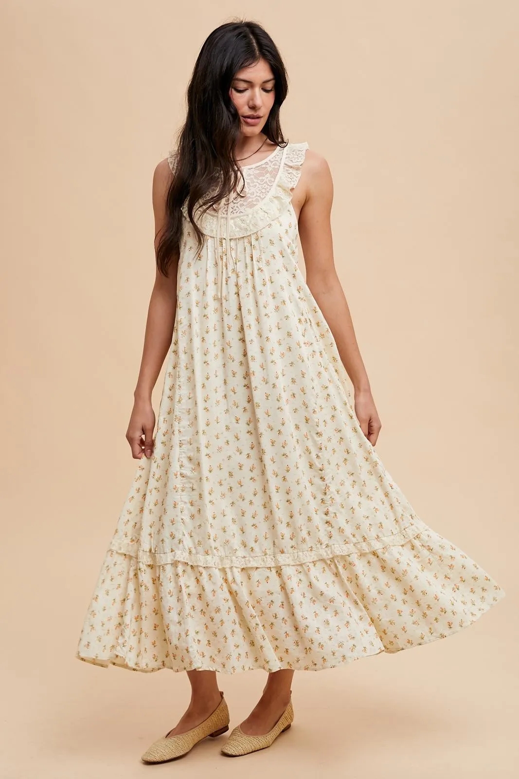 Cream Floral Lace Top Ruffle Hem Midi Dress sold by Pinkblush product image thumbnail 3