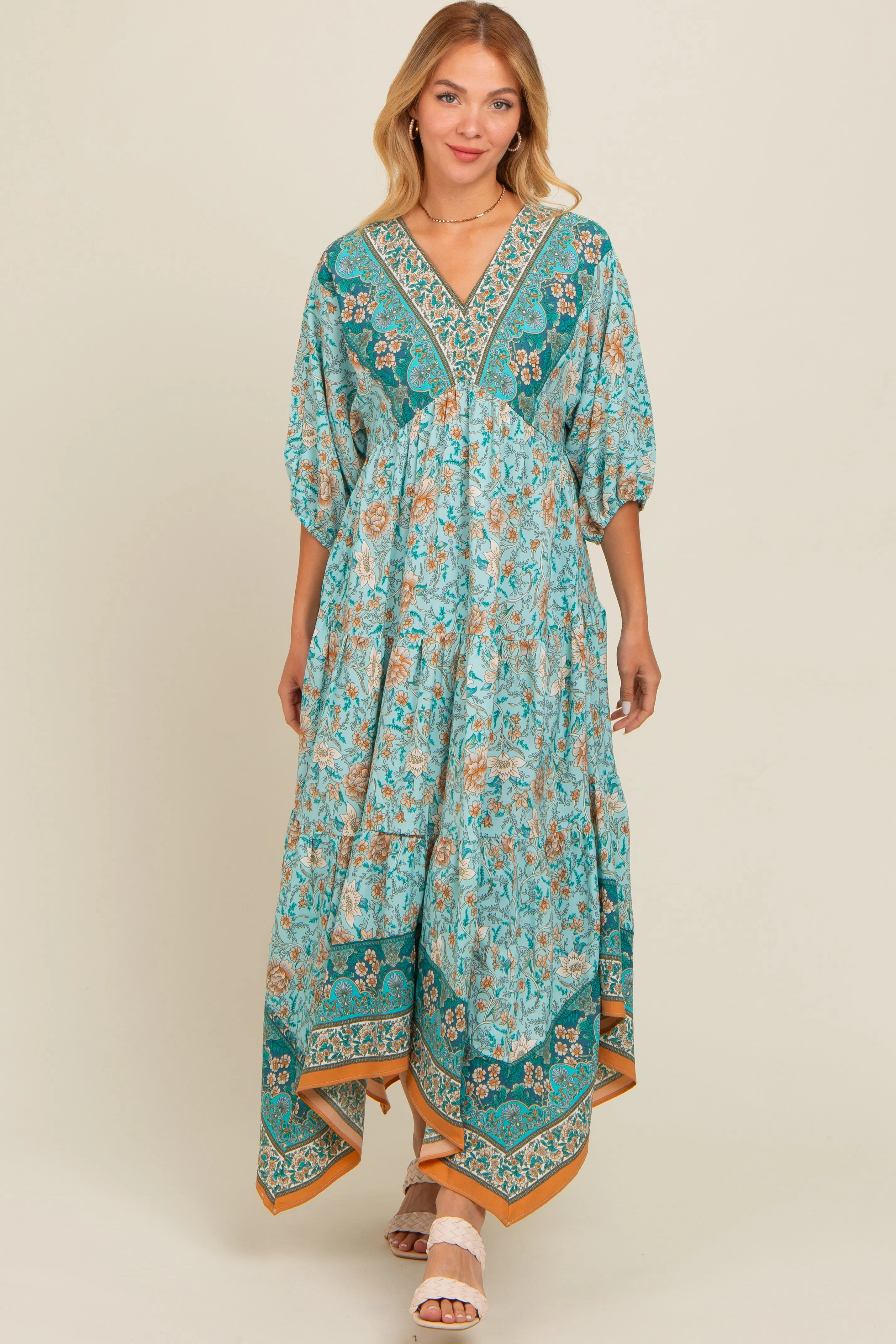 Aqua Floral Border Print V-Neck Tiered Midi Dress sold by Pinkblush