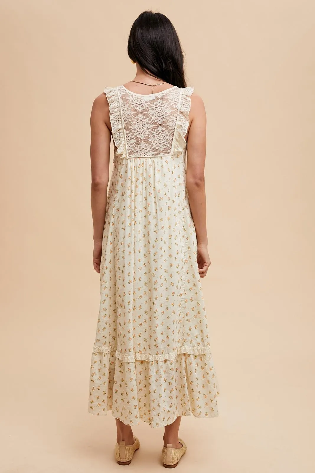Cream Floral Lace Top Ruffle Hem Midi Dress sold by Pinkblush product image thumbnail 4