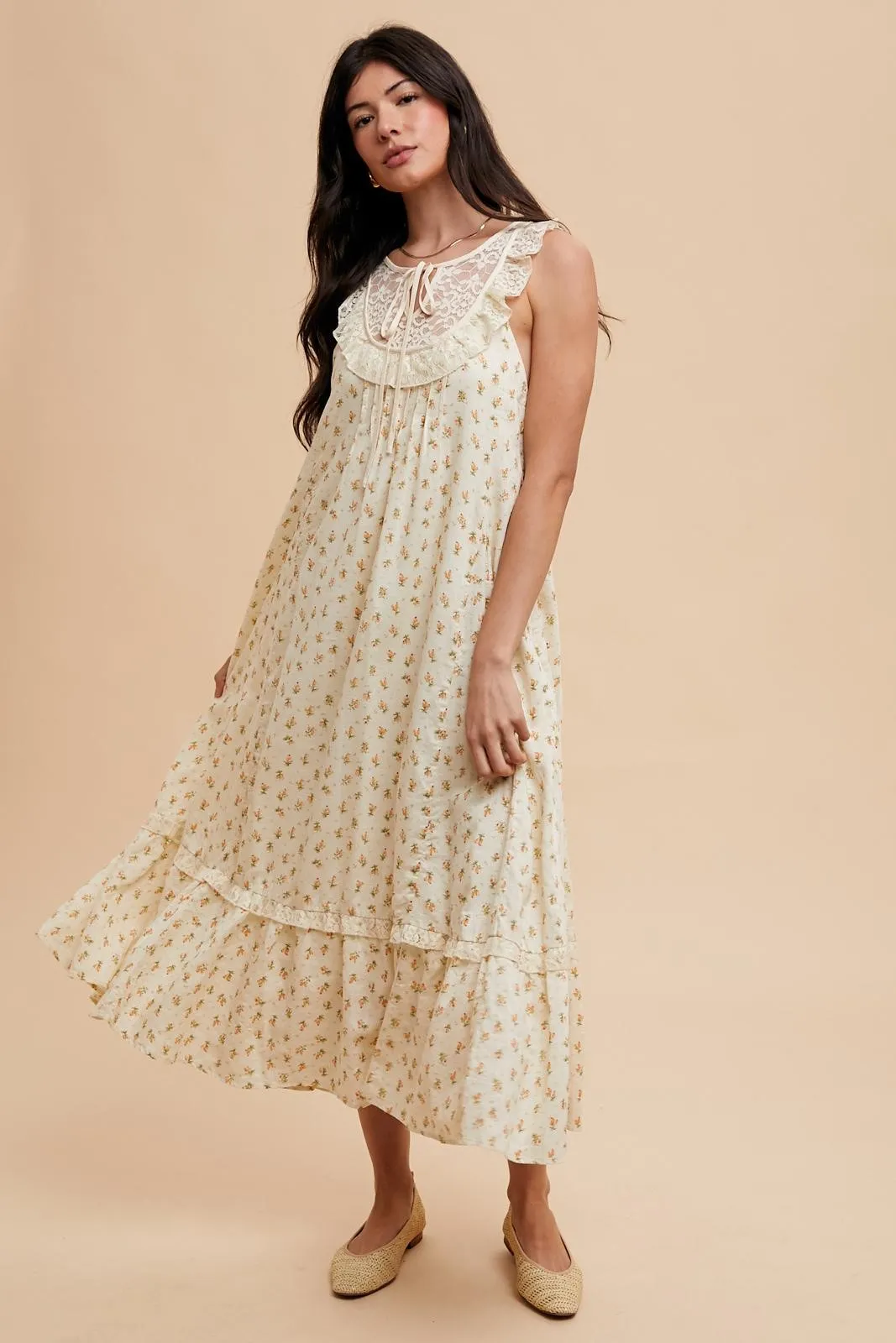 Cream Floral Lace Top Ruffle Hem Midi Dress sold by Pinkblush