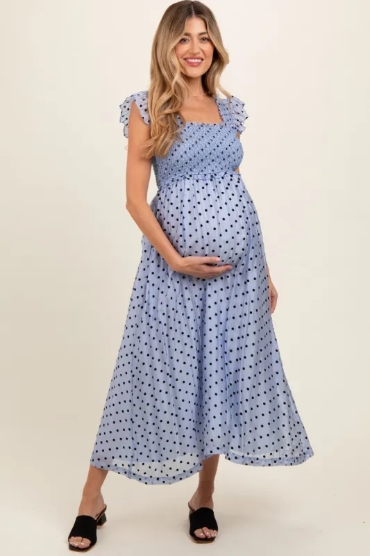 Blue Polka Dot Smocked Maternity Midi Dress sold by Pinkblush
