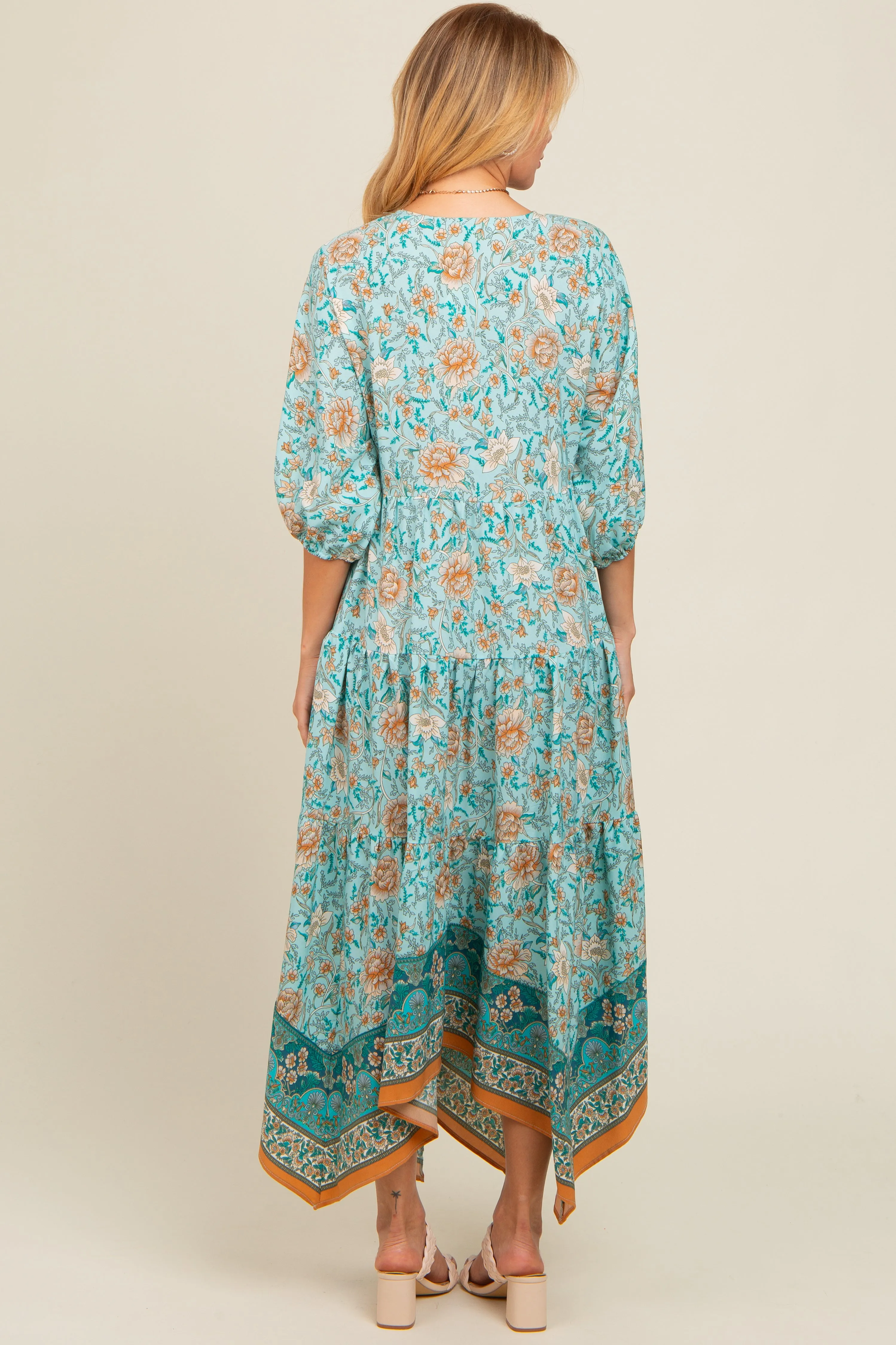 Aqua Floral Border Print V-Neck Tiered Midi Dress sold by Pinkblush product image thumbnail 2