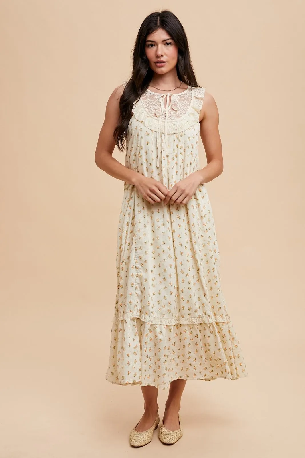 Cream Floral Lace Top Ruffle Hem Midi Dress sold by Pinkblush product image thumbnail 2