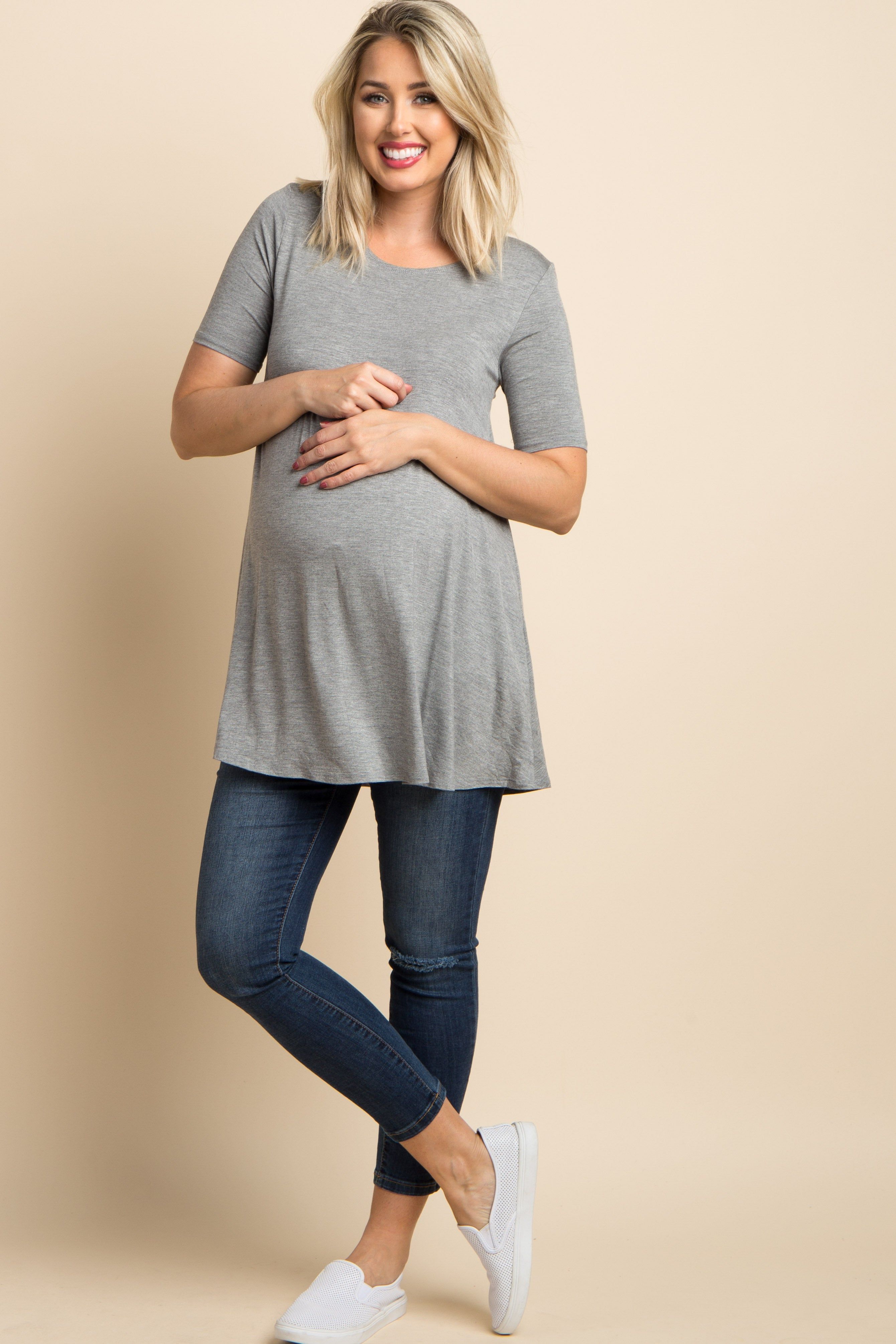 Heather Grey Basic Short Sleeve Maternity Top sold by Pinkblush product image thumbnail 4