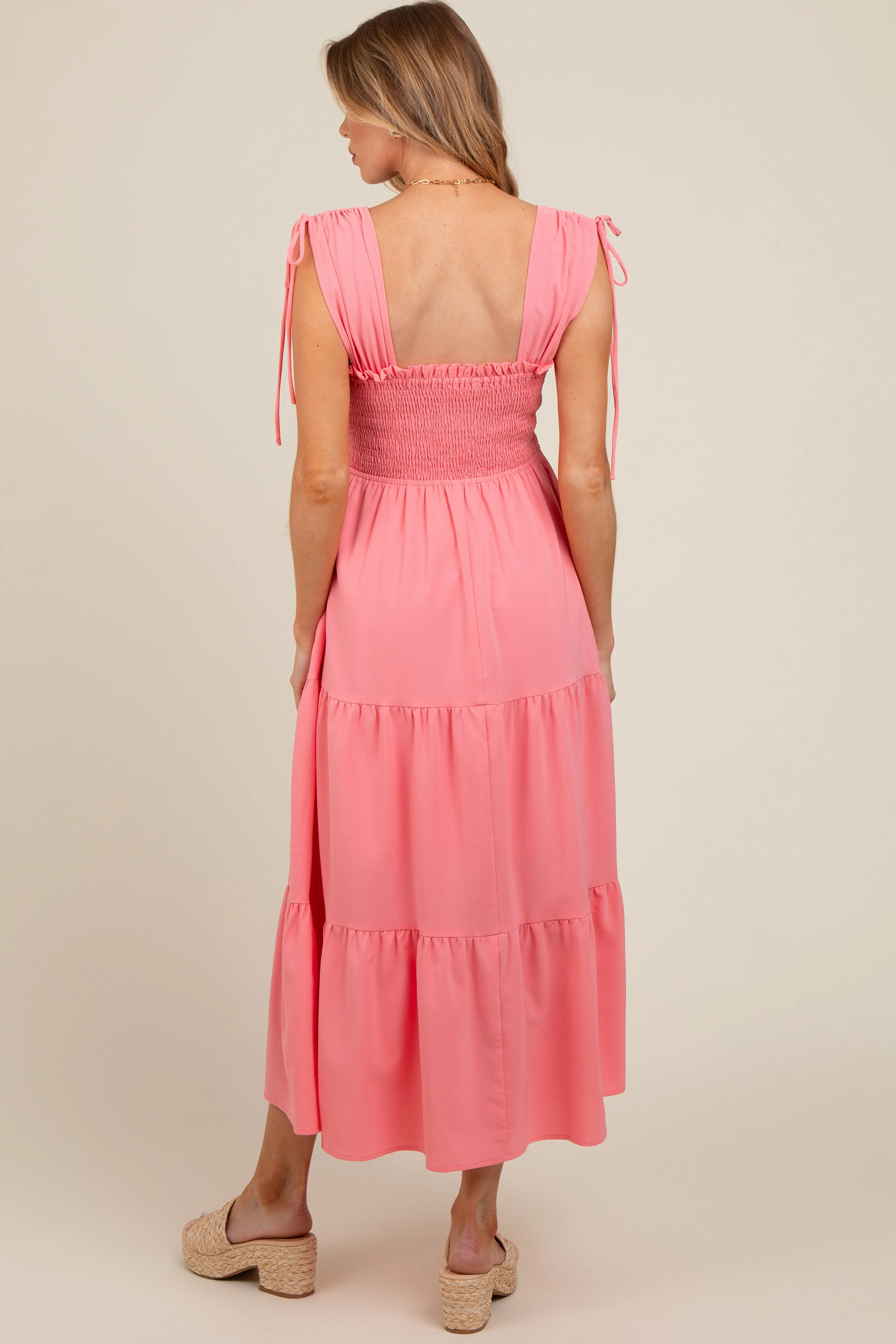 Coral Smocked Sleeveless Drawstring Shoulder Tiered Maternity Midi Dress sold by Pinkblush product image thumbnail 4