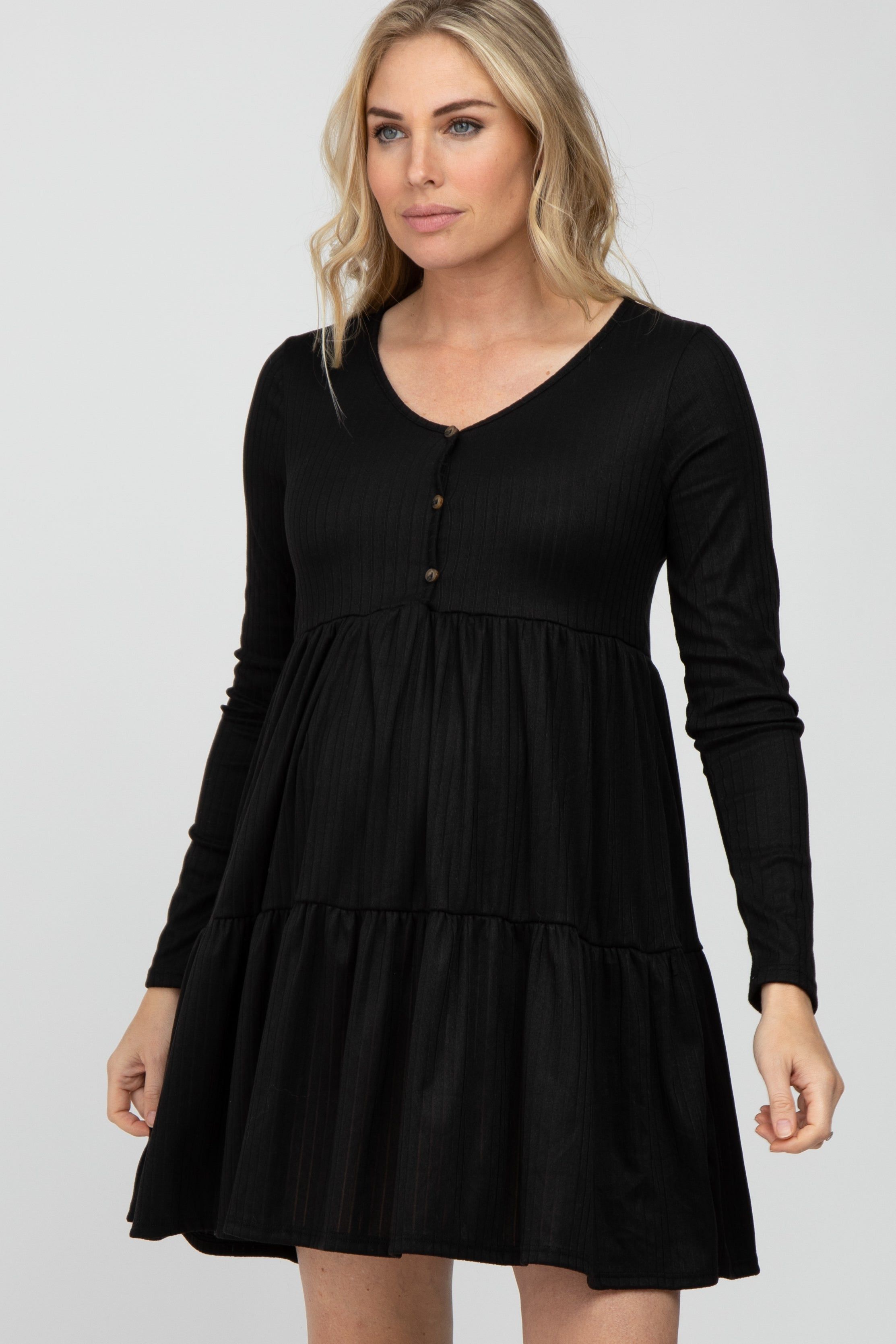 Black Ribbed Button Front Tiered Maternity Dress sold by Pinkblush