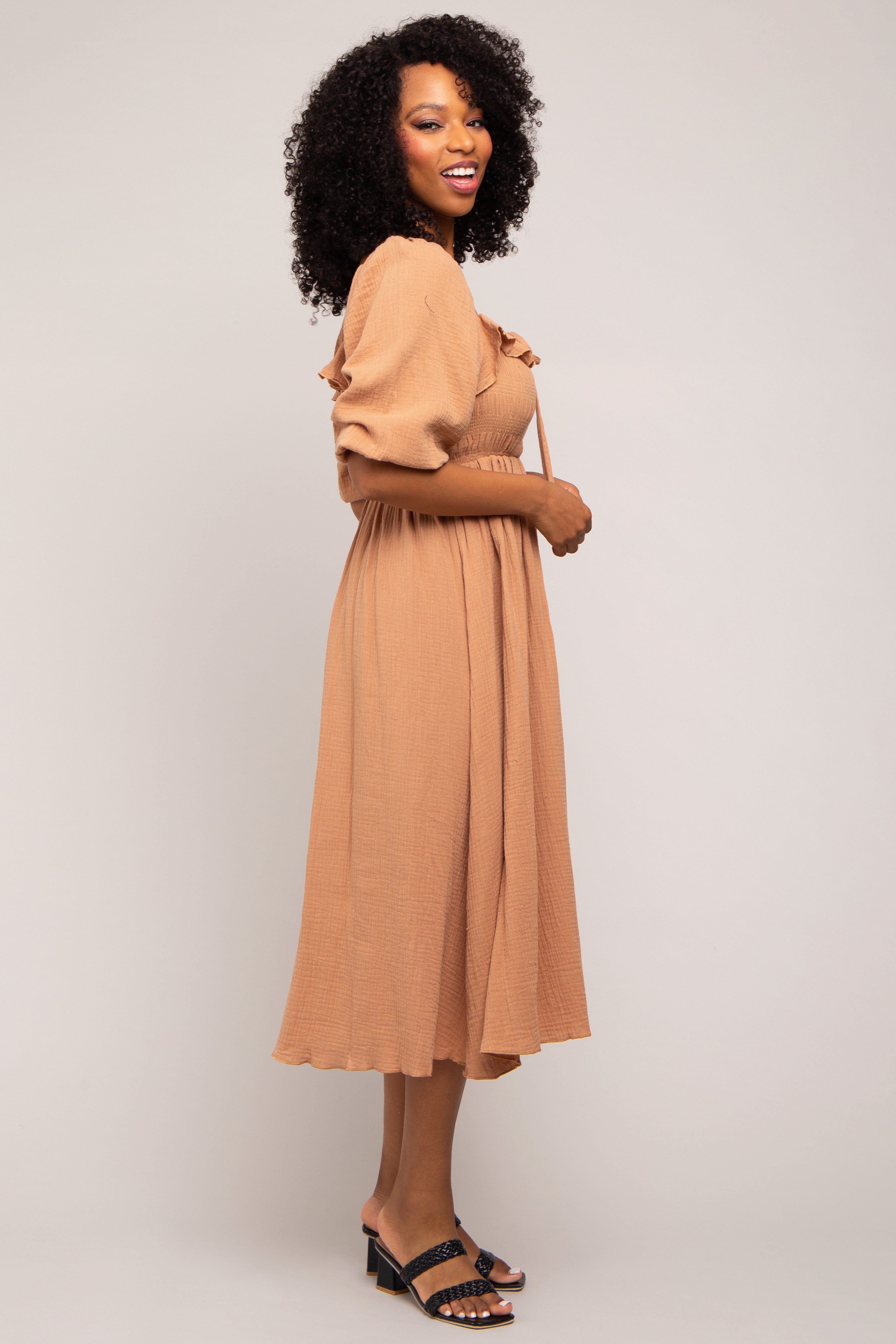 Taupe Gauze Smocked Midi Dress sold by Pinkblush product image thumbnail 2