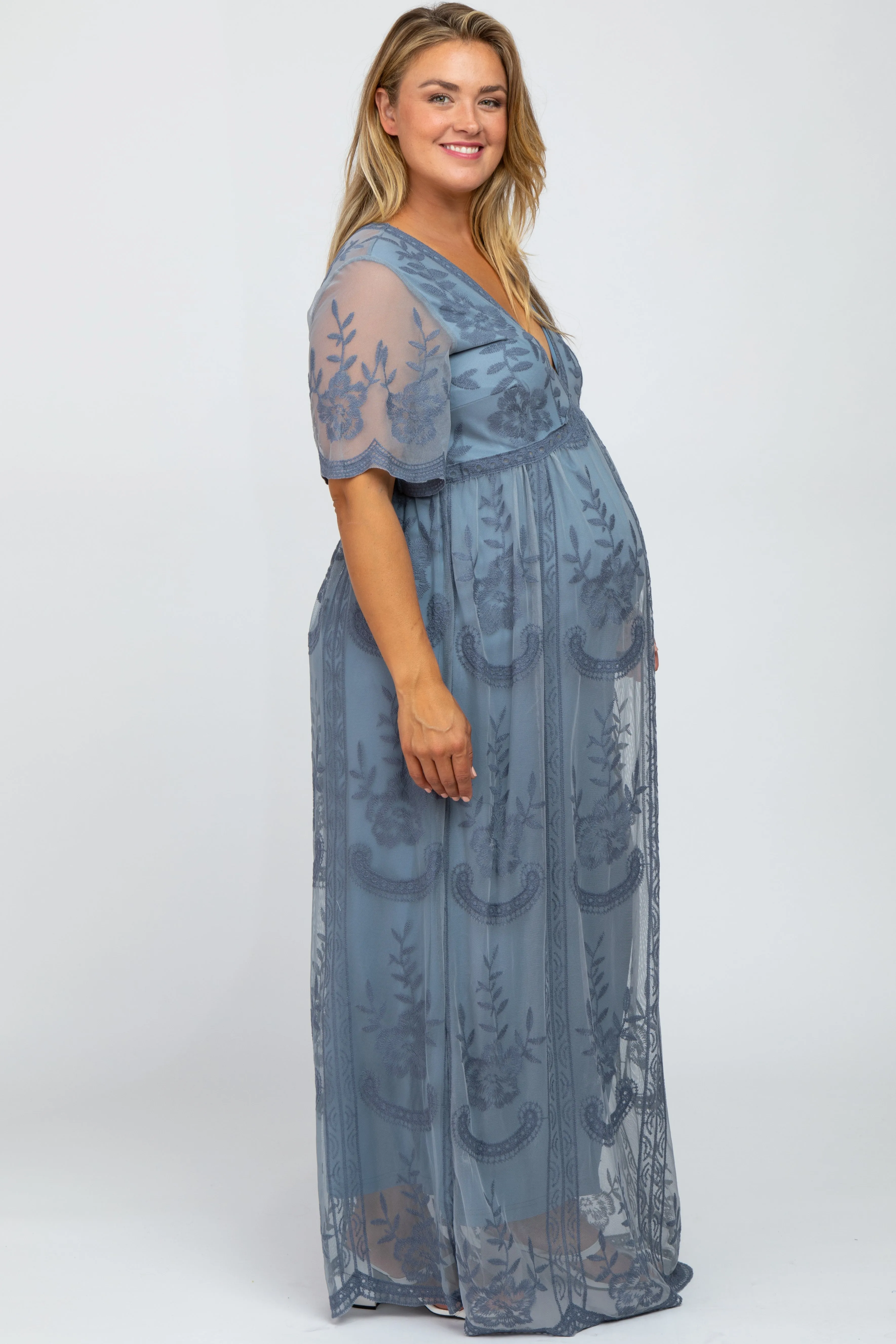 Blue Lace Mesh Overlay Maternity Plus Maxi Dress sold by Pinkblush product image thumbnail 2