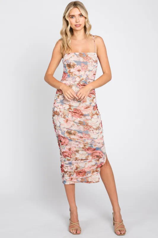 Multicolor Floral Mesh Ruched Midi Dress sold by Pinkblush