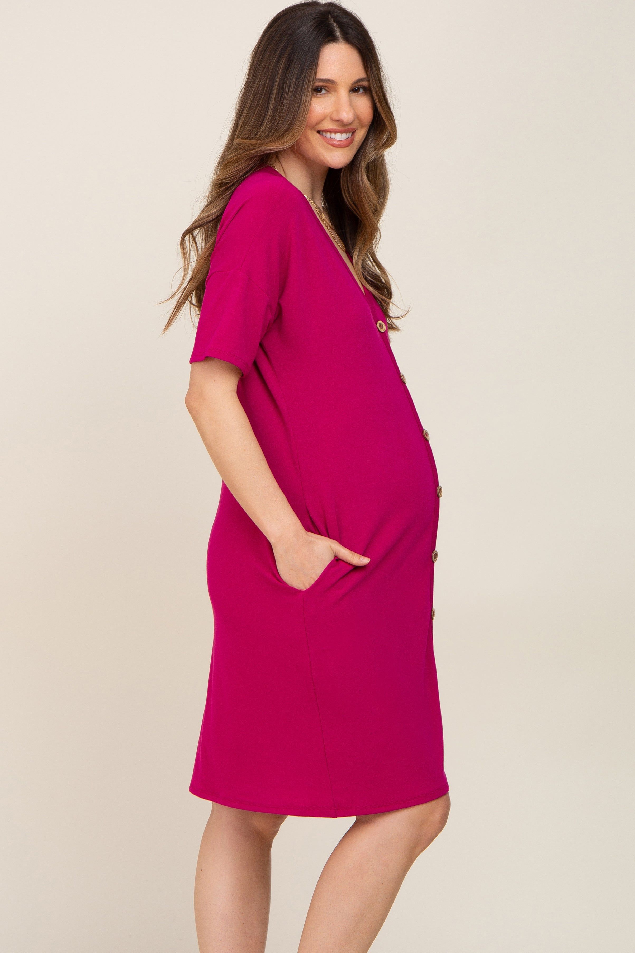 Magenta Button Accent Short Sleeve Maternity Dress sold by Pinkblush product image thumbnail 3