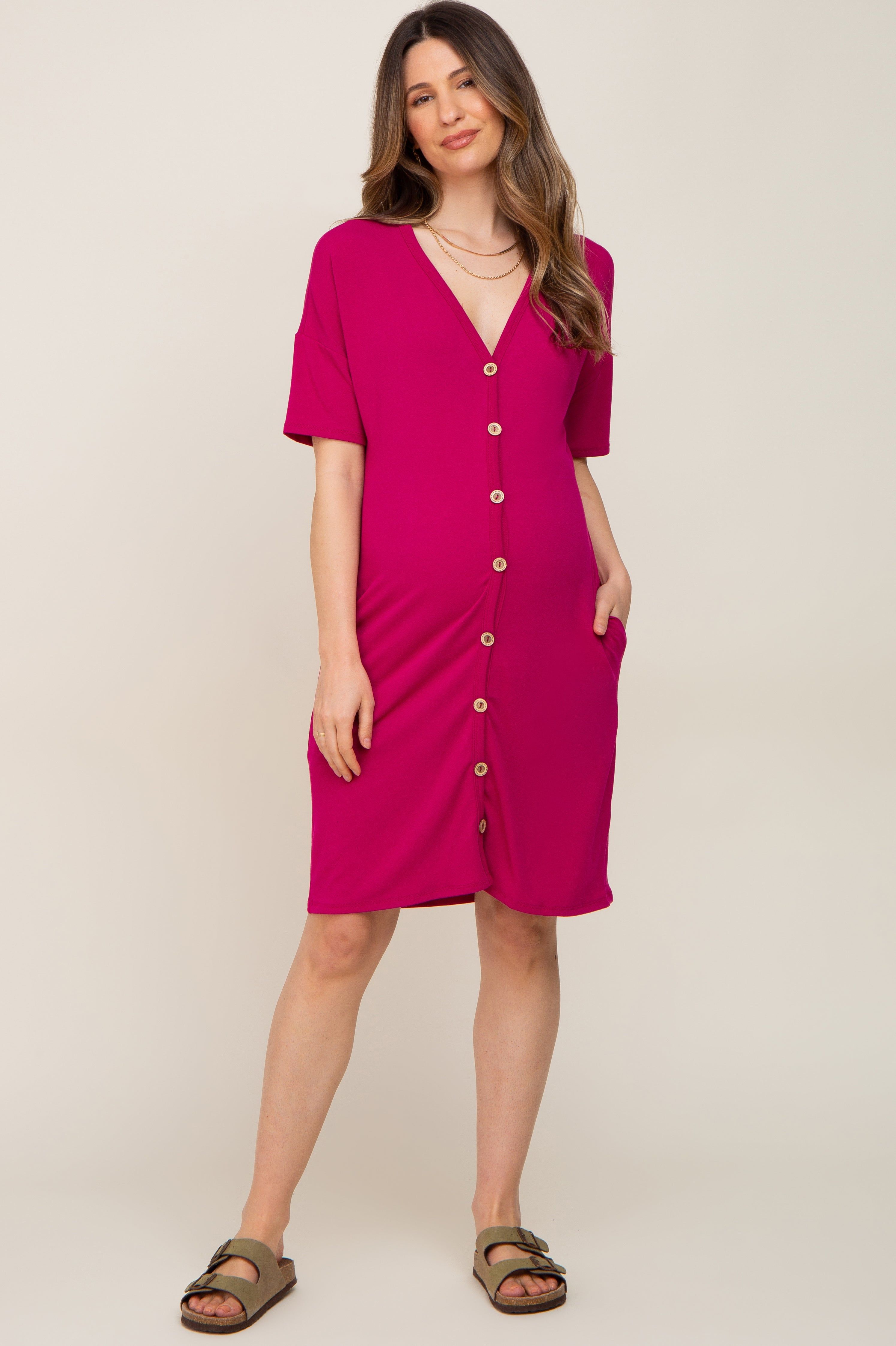 Magenta Button Accent Short Sleeve Maternity Dress sold by Pinkblush