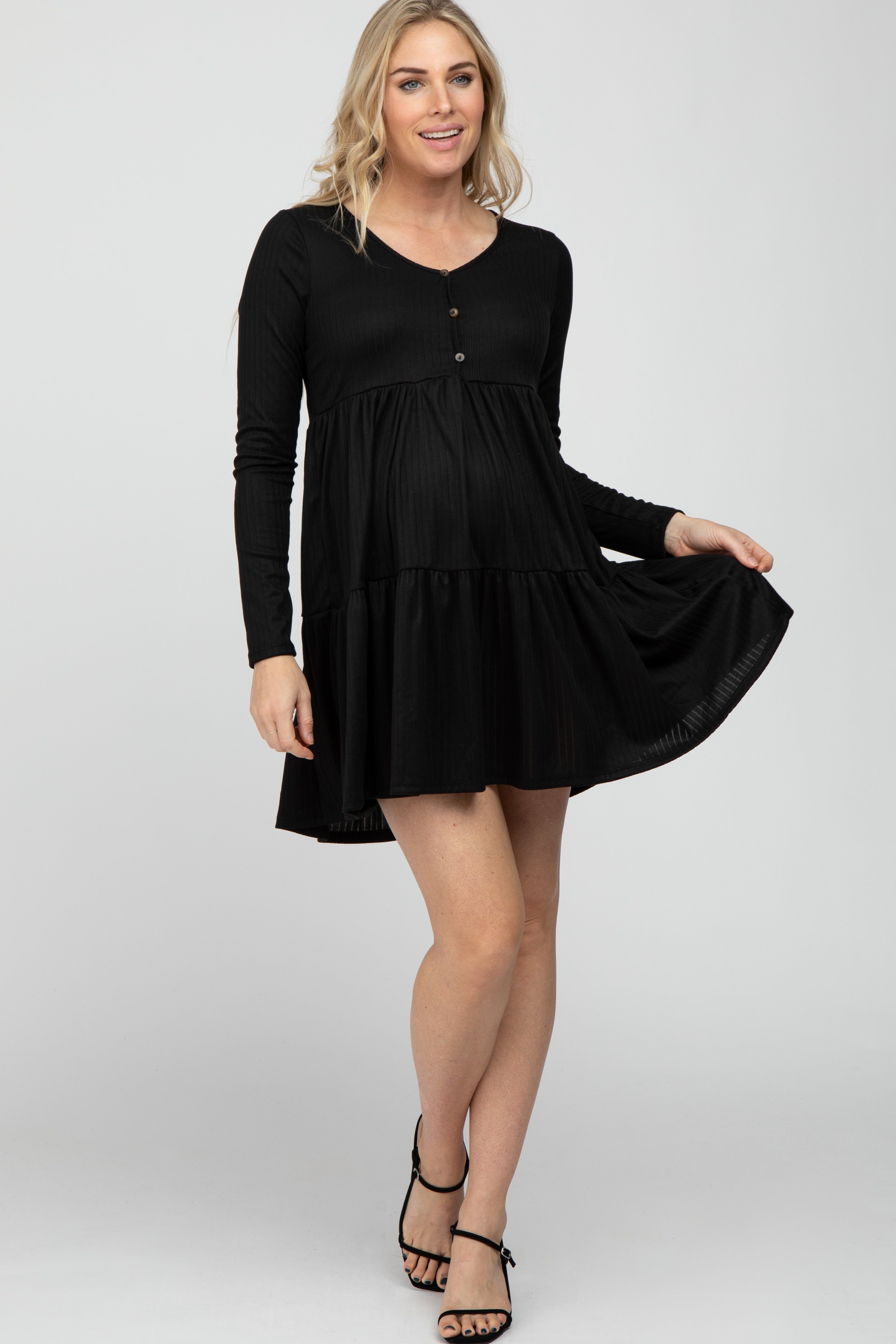 Black Ribbed Button Front Tiered Maternity Dress sold by Pinkblush product image thumbnail 2