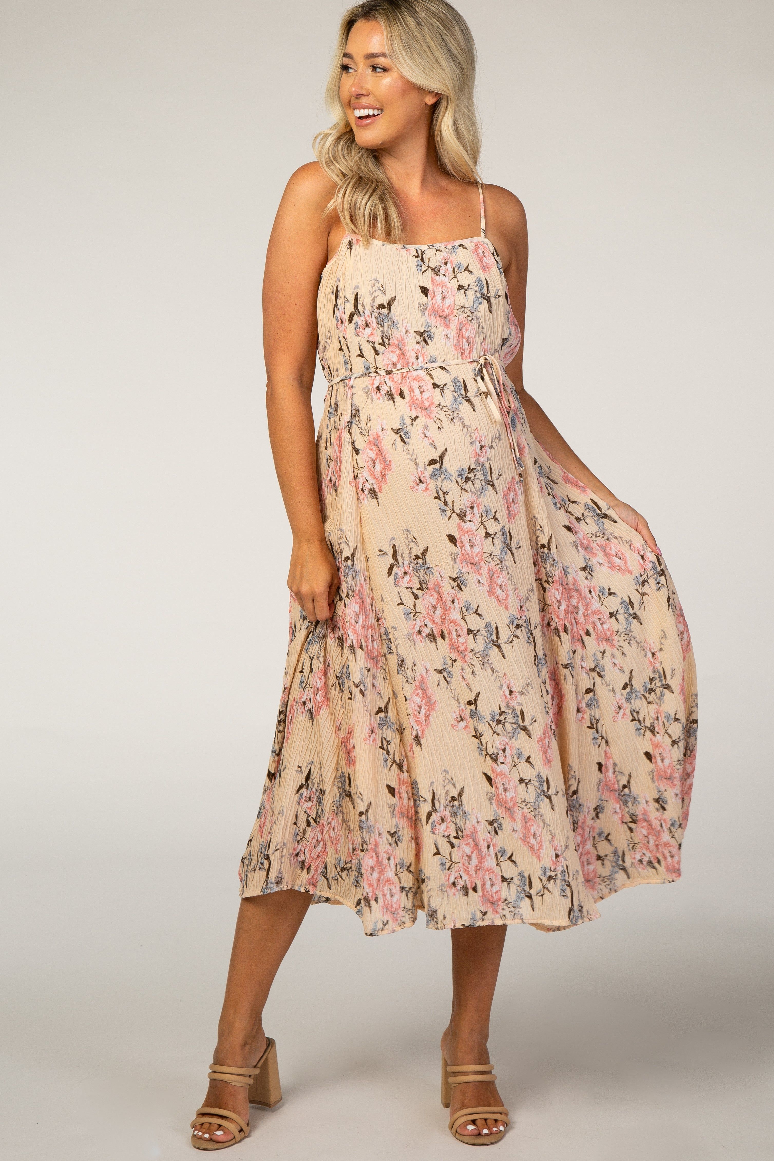 Light Pink Floral Textured Maternity Midi Dress sold by Pinkblush