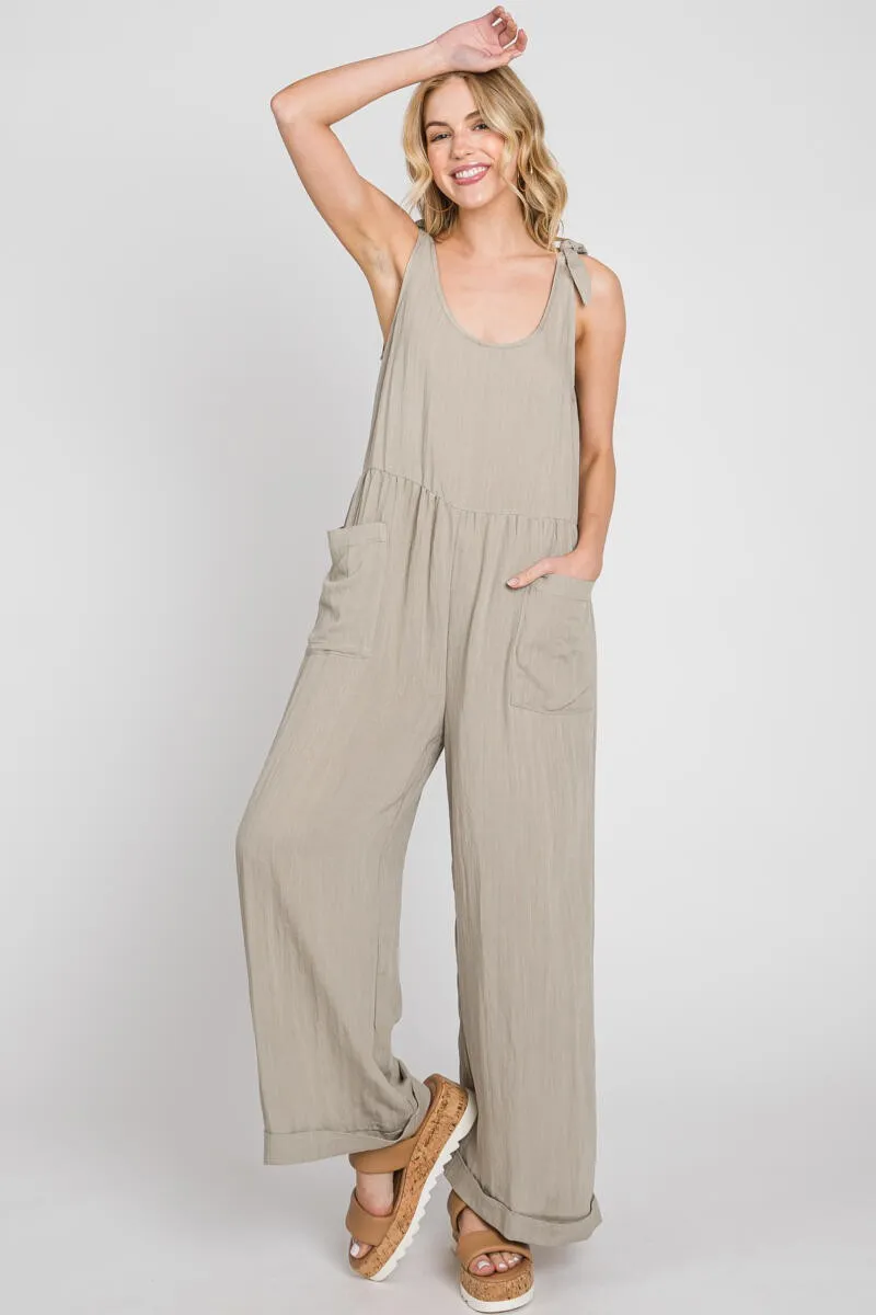 Pale Olive Wide Leg Roll-Up Jumpsuit sold by Pinkblush