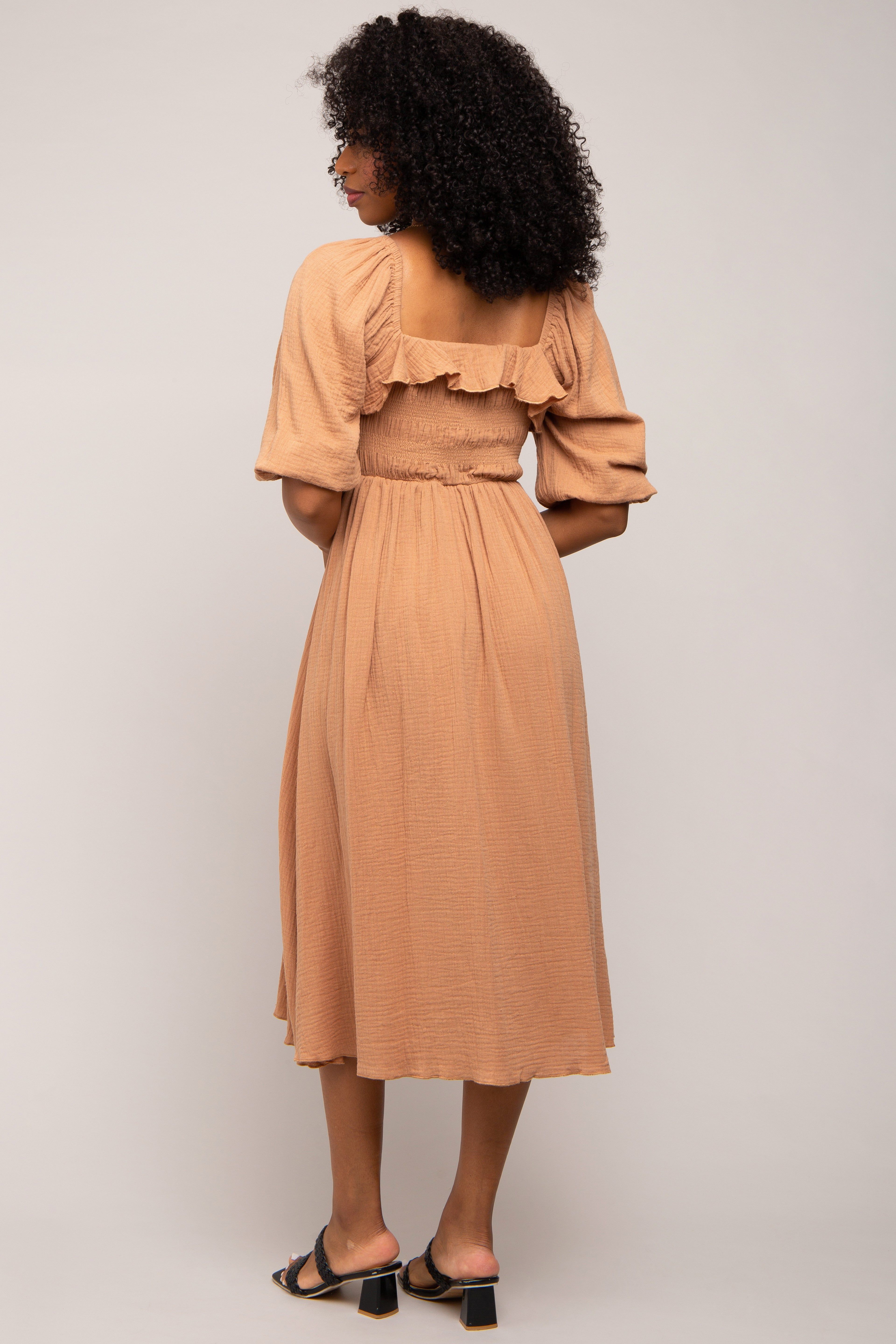 Taupe Gauze Smocked Midi Dress sold by Pinkblush product image thumbnail 3