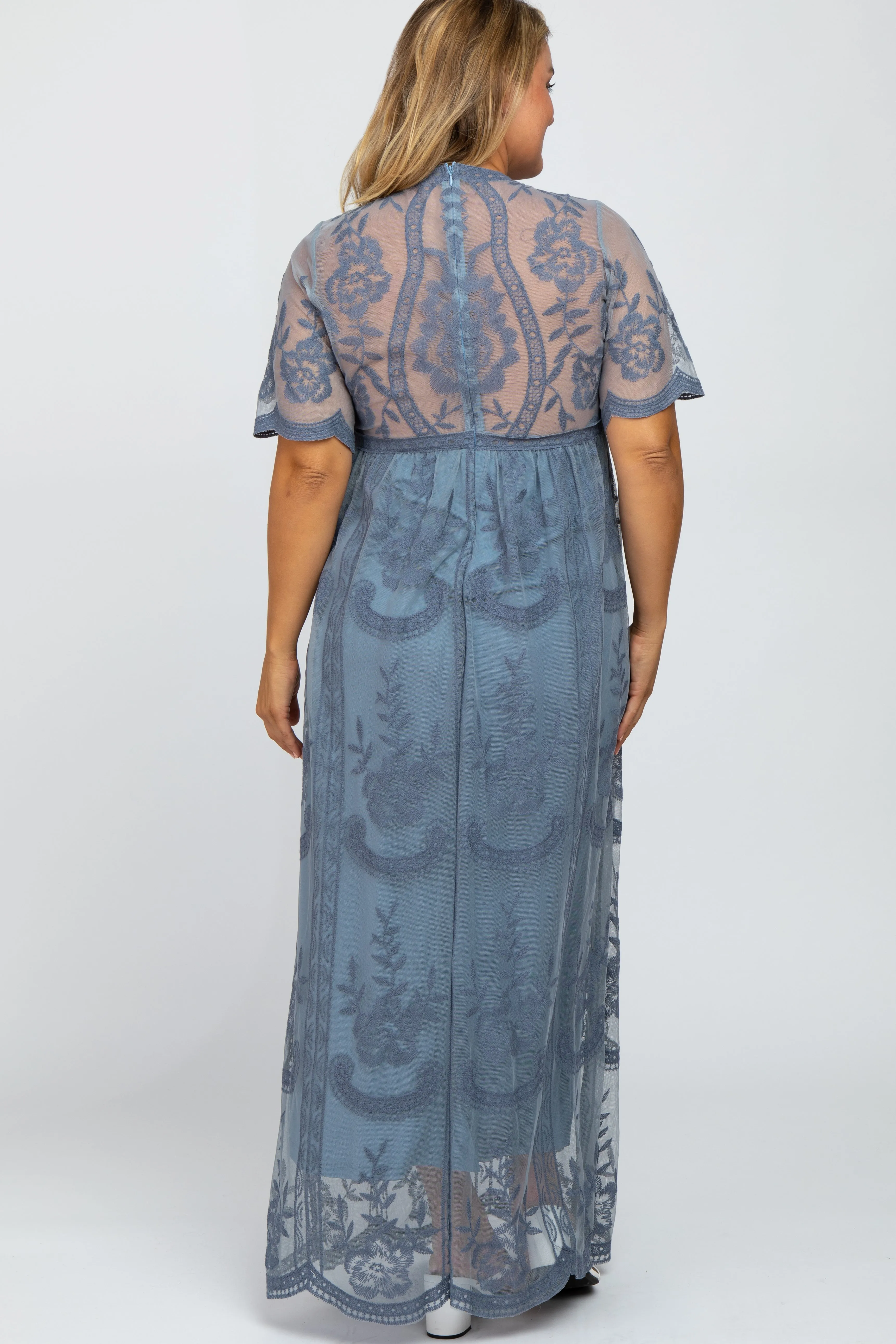Blue Lace Mesh Overlay Maternity Plus Maxi Dress sold by Pinkblush product image thumbnail 3