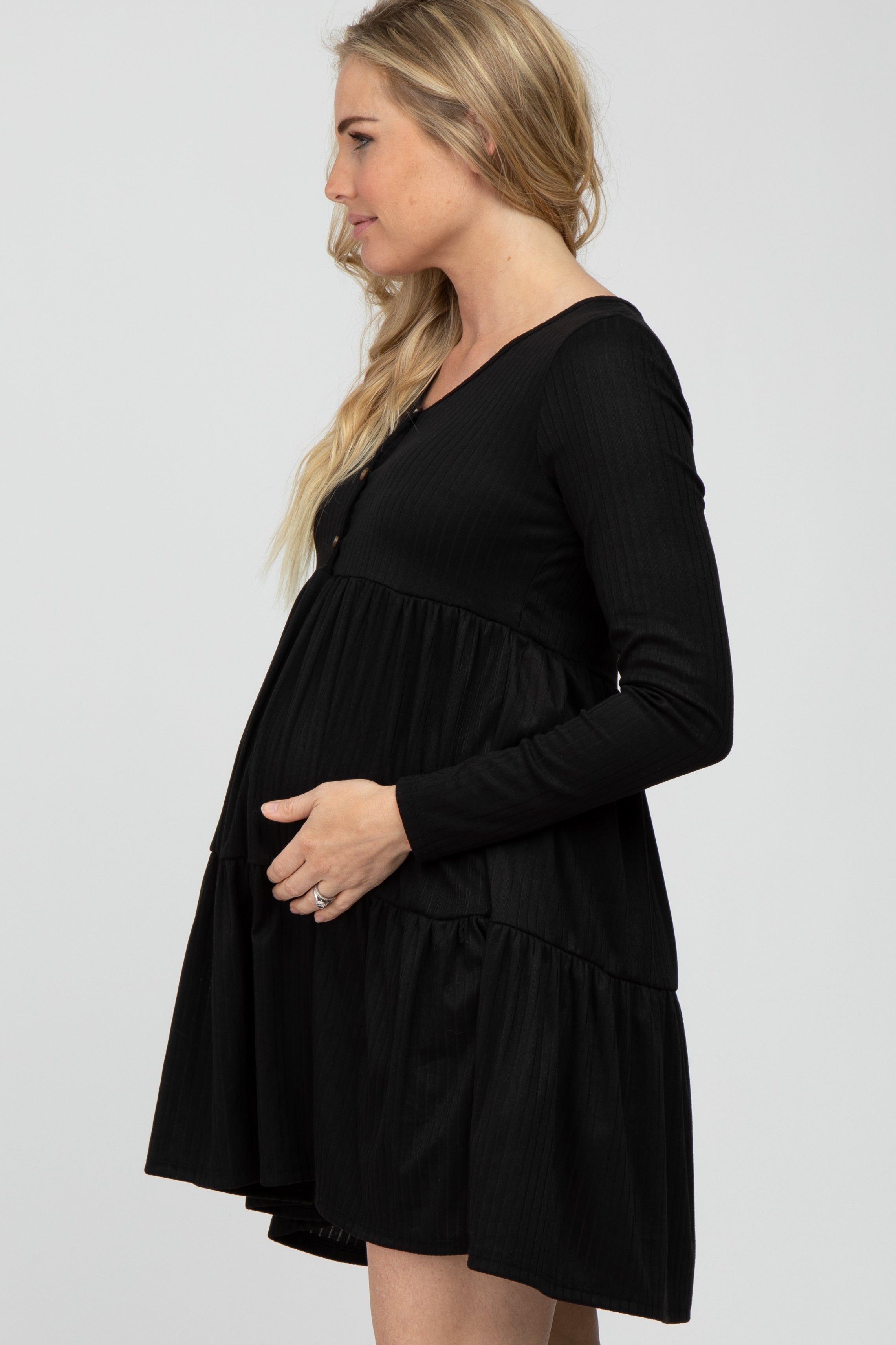 Black Ribbed Button Front Tiered Maternity Dress sold by Pinkblush product image thumbnail 3