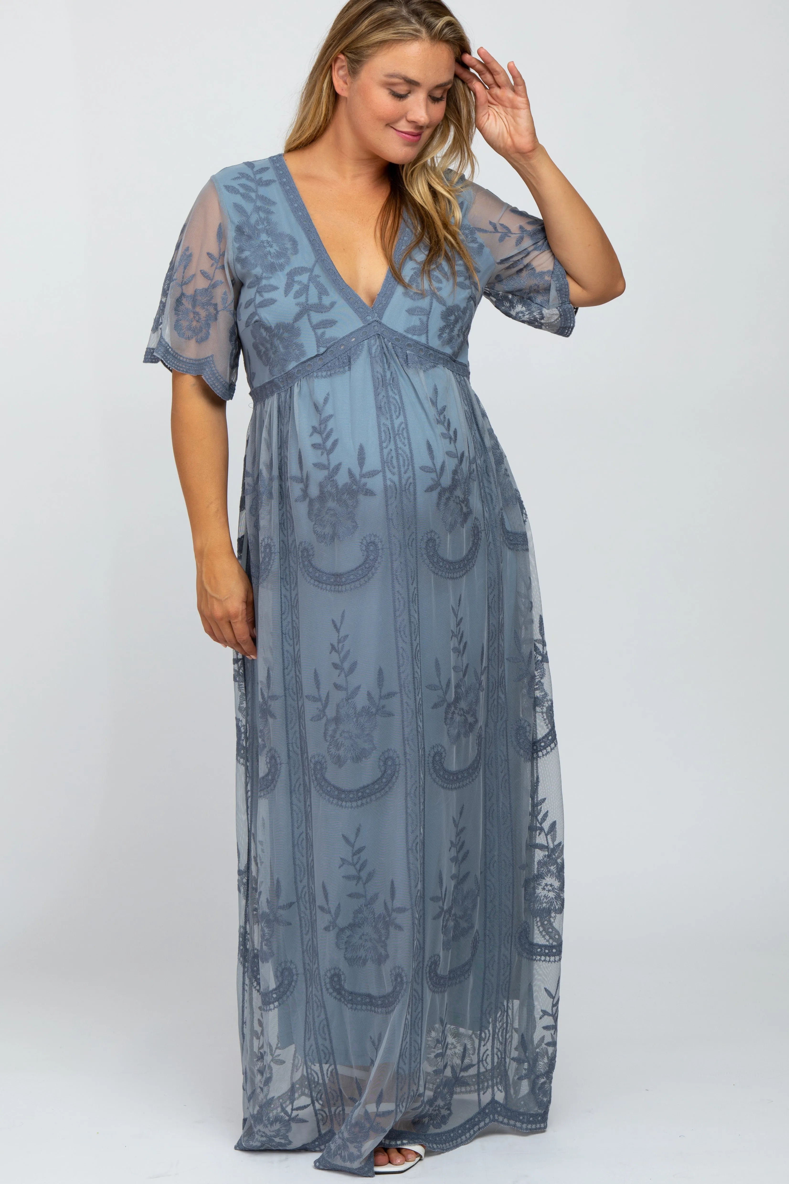 Blue Lace Mesh Overlay Maternity Plus Maxi Dress sold by Pinkblush