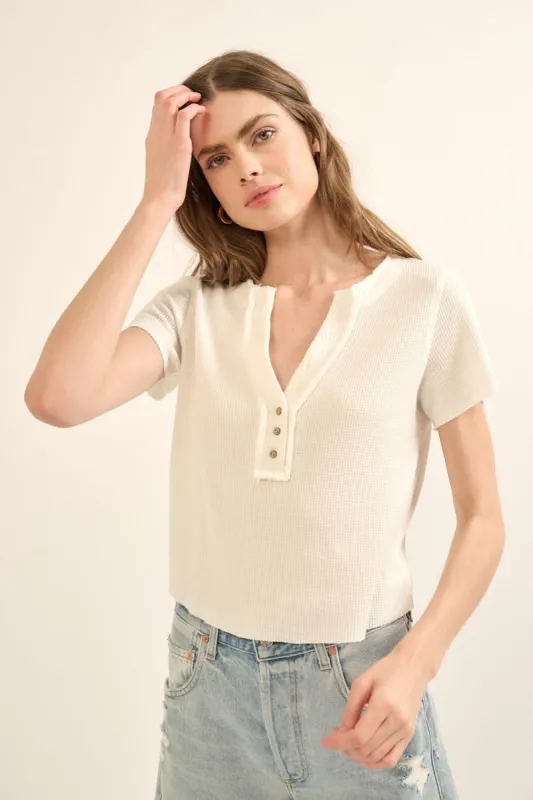 Off White Solid V Neck Button Front Waffle Knit Shirt sold by Pinkblush
