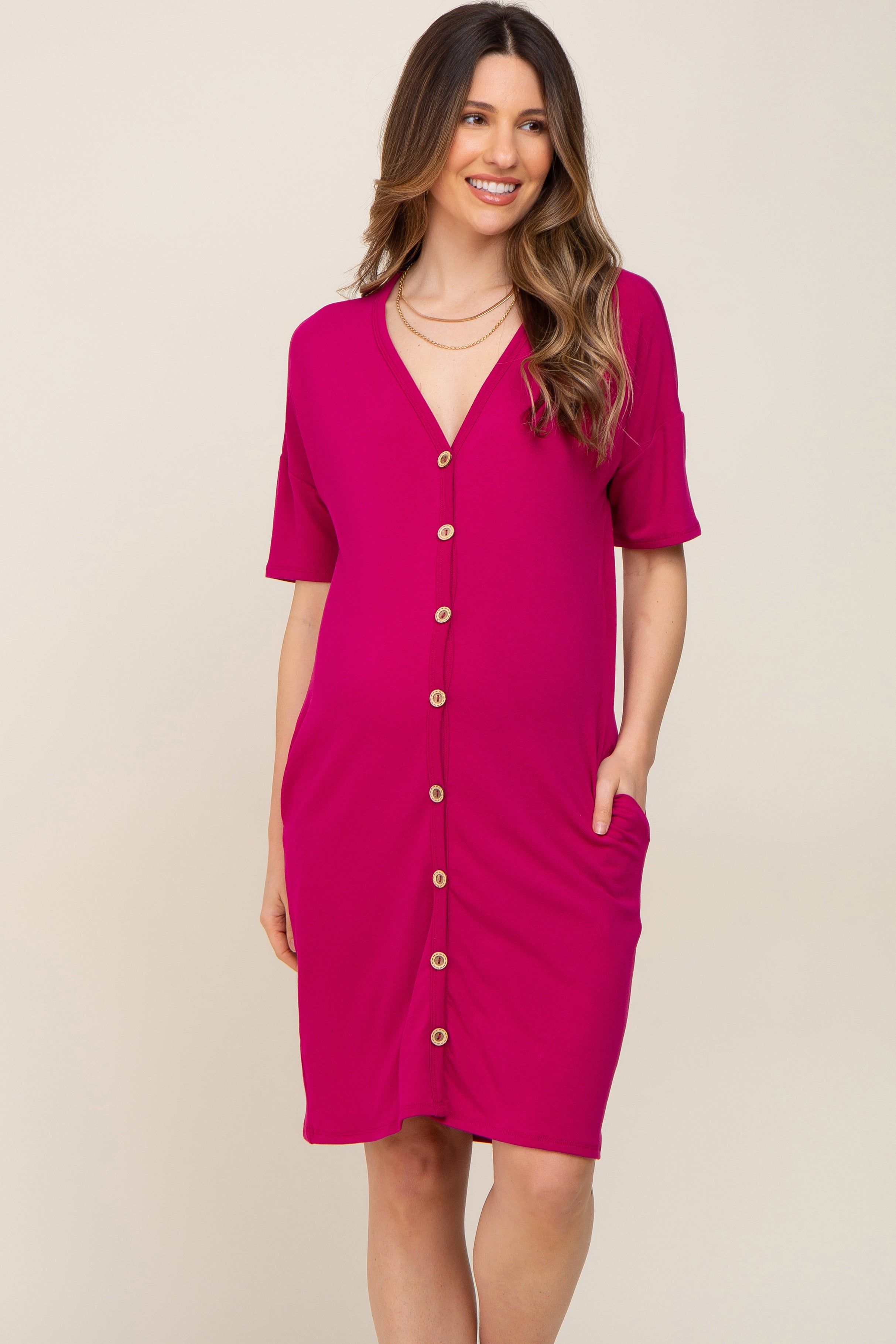 Magenta Button Accent Short Sleeve Maternity Dress sold by Pinkblush product image thumbnail 2