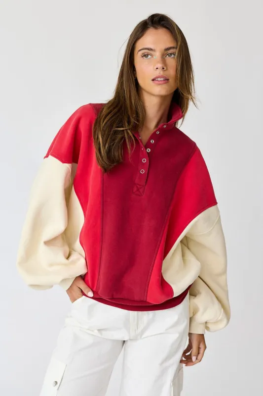 Red Colorblock Snap Button Polo Sweatshirt sold by Pinkblush